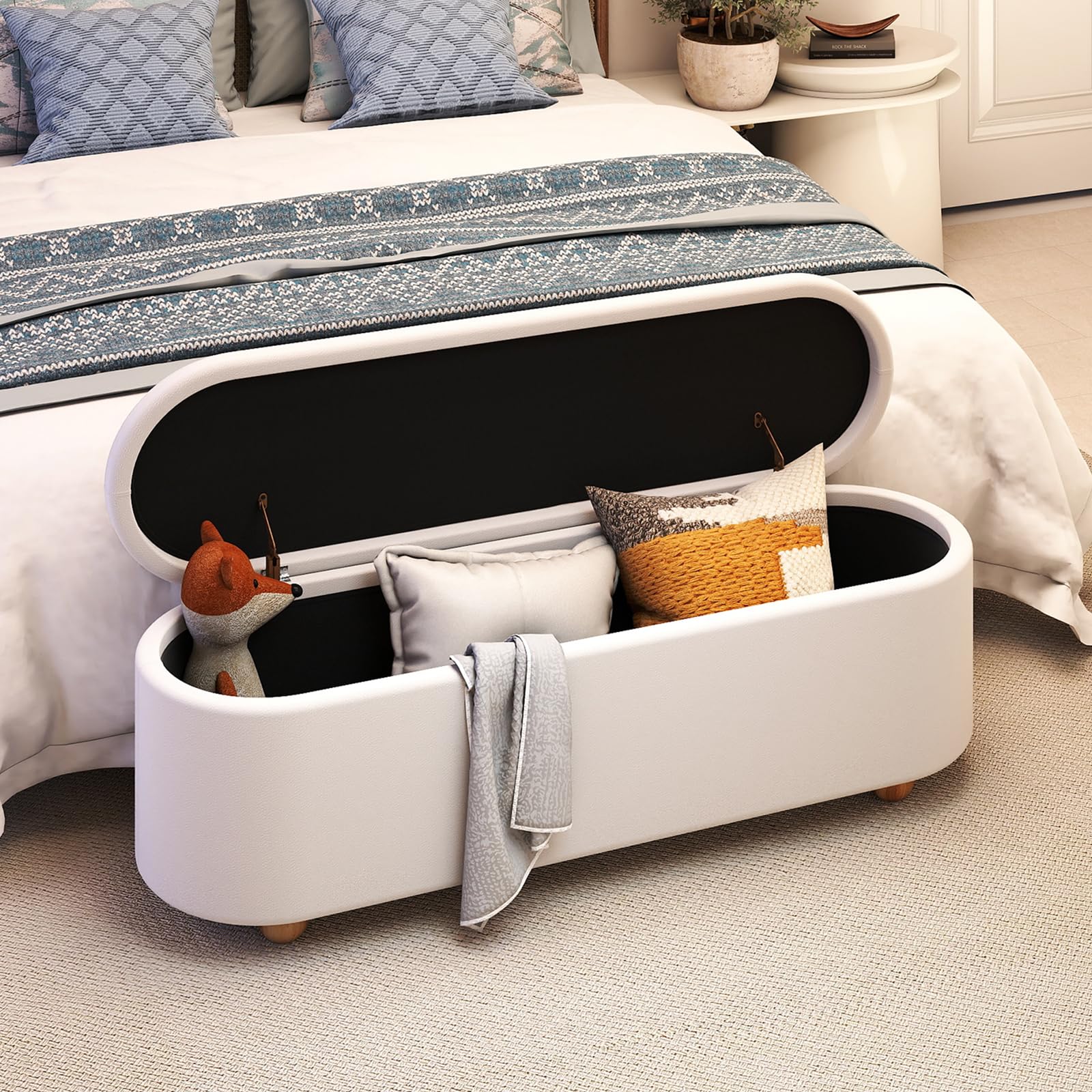 COSTWAY Banc de Rangement 150 L, Pieds en Bois d'Hévéa, Banc Bout de Lit, Patins Antidérapants, Banquette Coffre pour Chambre Salon Entrée, Charge 300 kg, 139 x 40,5 x 48,5 cm, Blanc