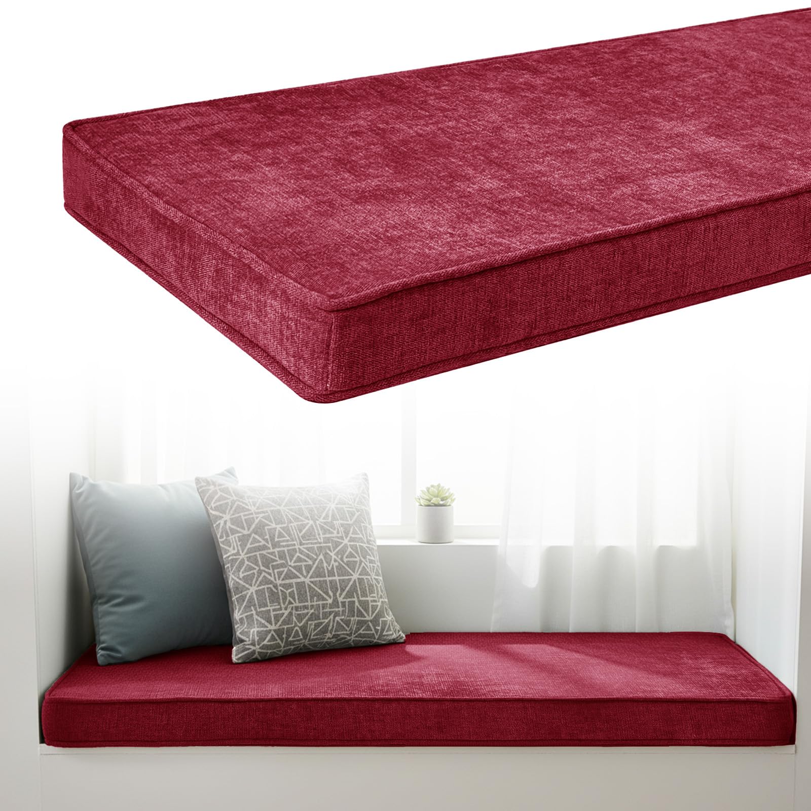 Chenille Bench Cushion 5cm Thick, Anti-Slip Bay Window Seat Pad 200x45x5cm