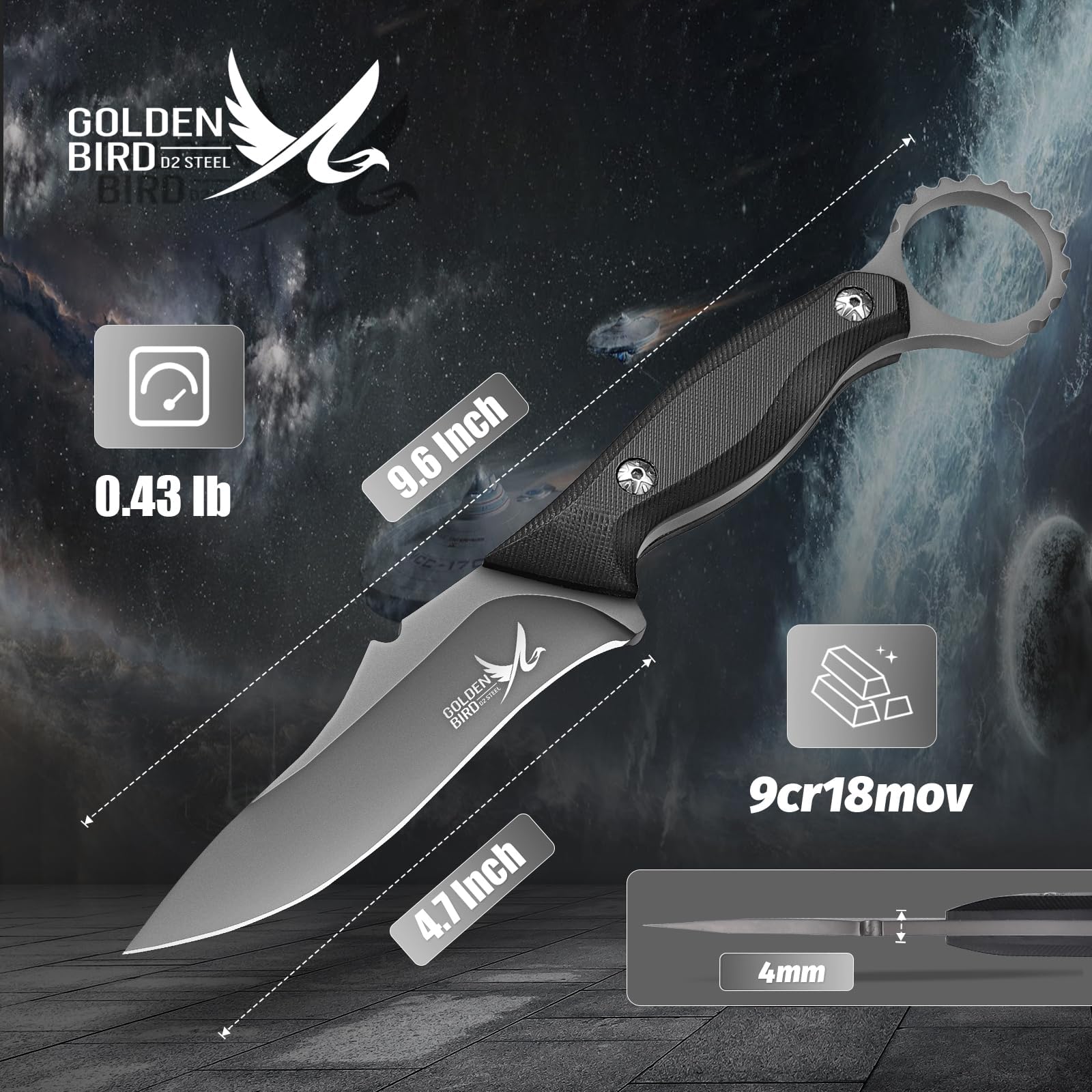 Golden Bird Fixed Blade Knife - Full Tang Outdoor Knives for Camping Hunting Bushcraft with Leather Sheath, 4.7