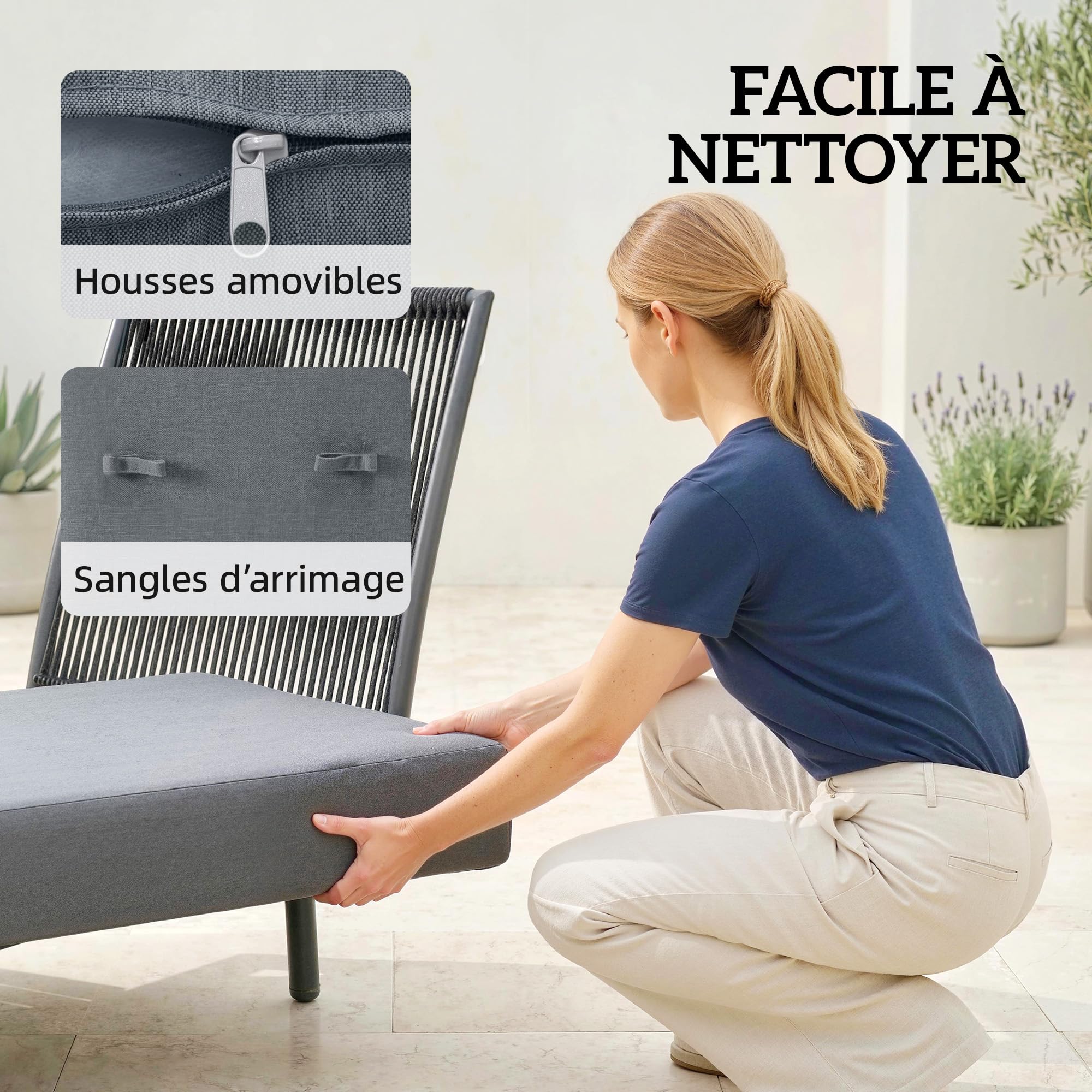 Outsunny Chaise Longue de Jardin Bain de Soleil Étagère Latérale Gris