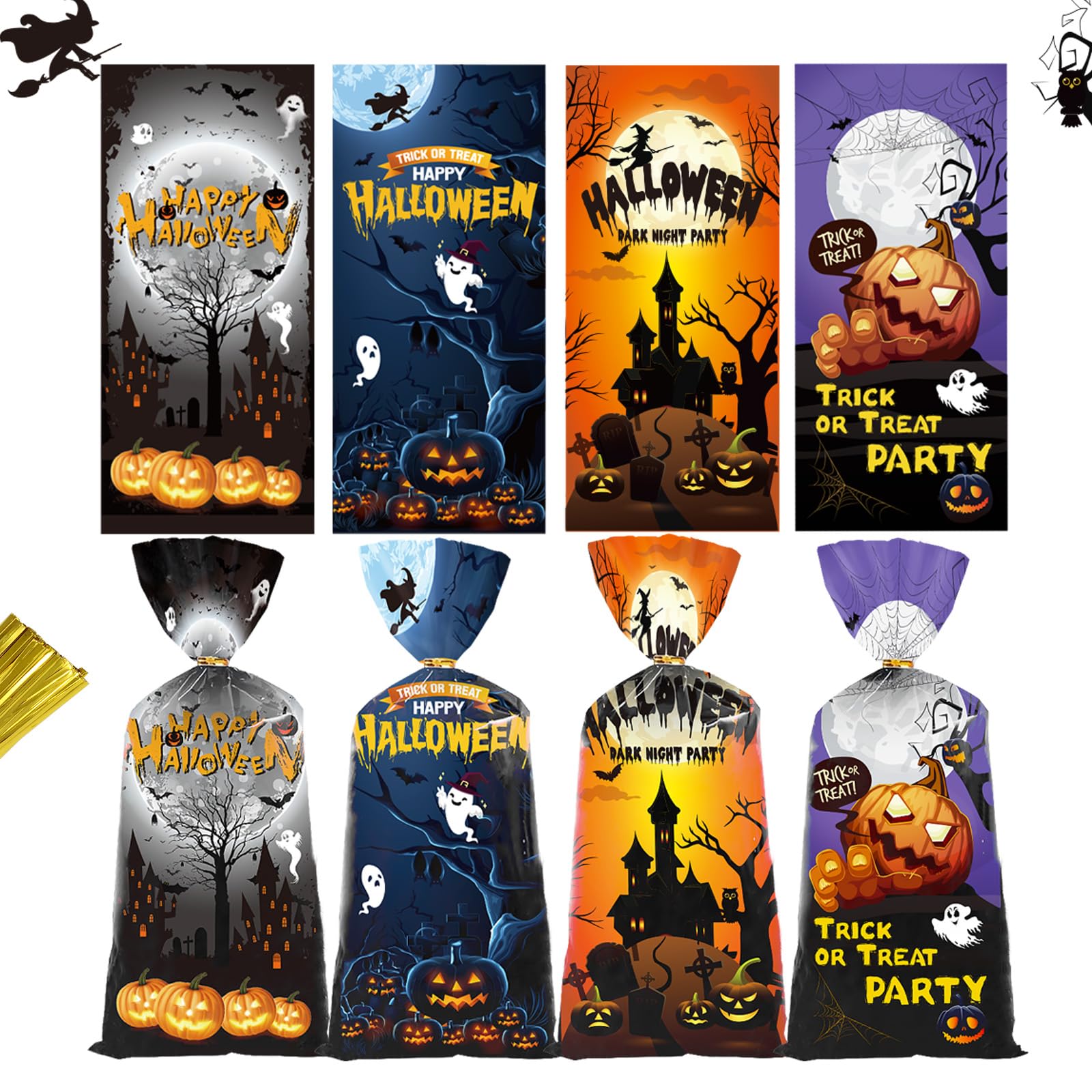 Artby7 Halloween Treat Bags | 50 pcs Cellophane Bags with Fun Scary Designs | Pumpkins, Witches Cello Bags | Halloween Party Decorations, Spooky Trick or Treat Bags