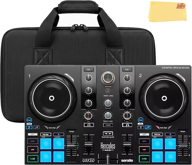 Hercules DJControl Inpulse 200 MK3 Controlador DJ - Serato DJ Lite, Apple Music Streaming, Stems y Beatmatch Guide Bundle con estuche Gearlux y paño de pulido Austin Bazaar