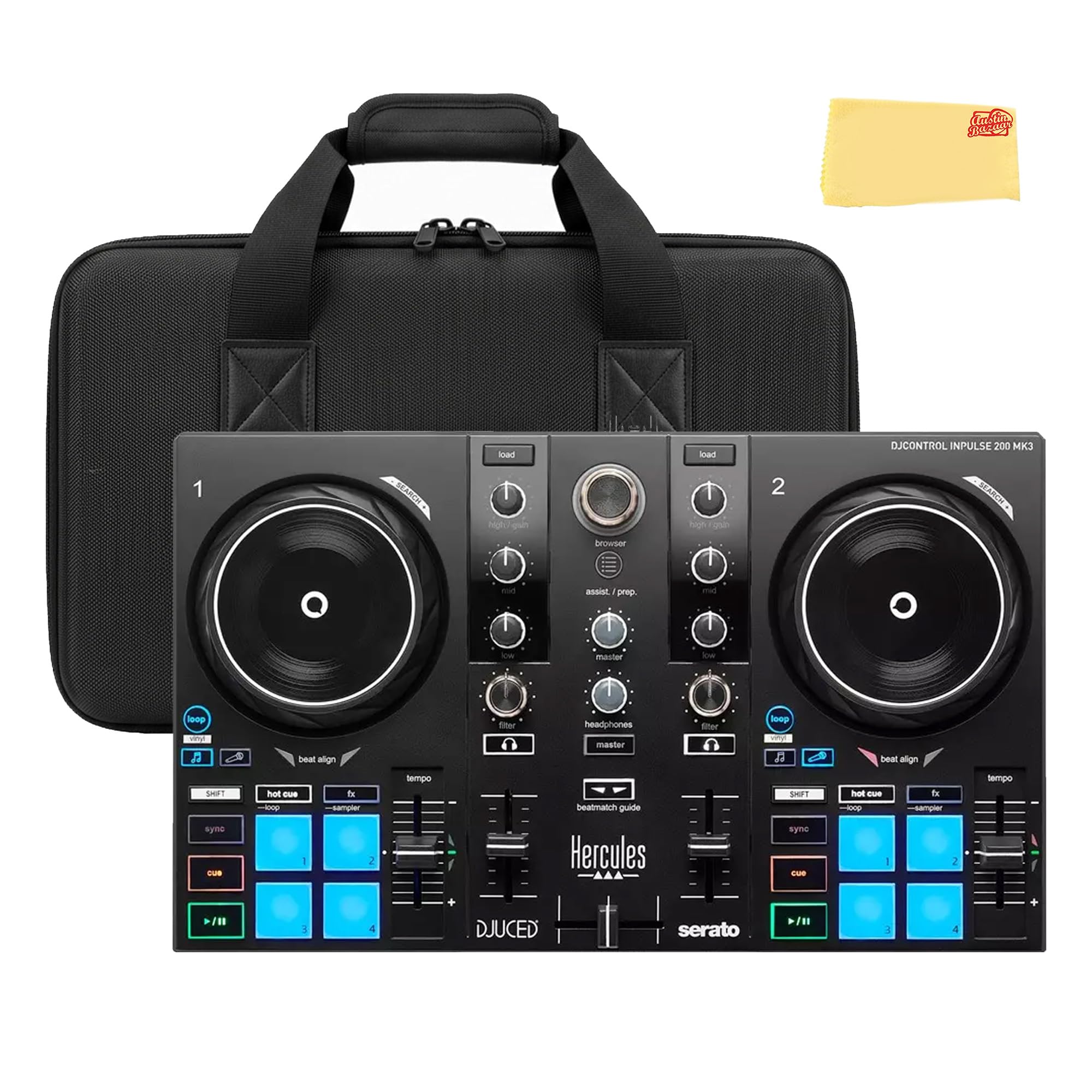 Hercules DJControl Inpulse 200 MK3 DJ Controller - Serato DJ Lite, Apple Music Streaming, Stems and Beatmatch Guide Bundle with Gearlux Case and Austin Bazaar Polishing Cloth