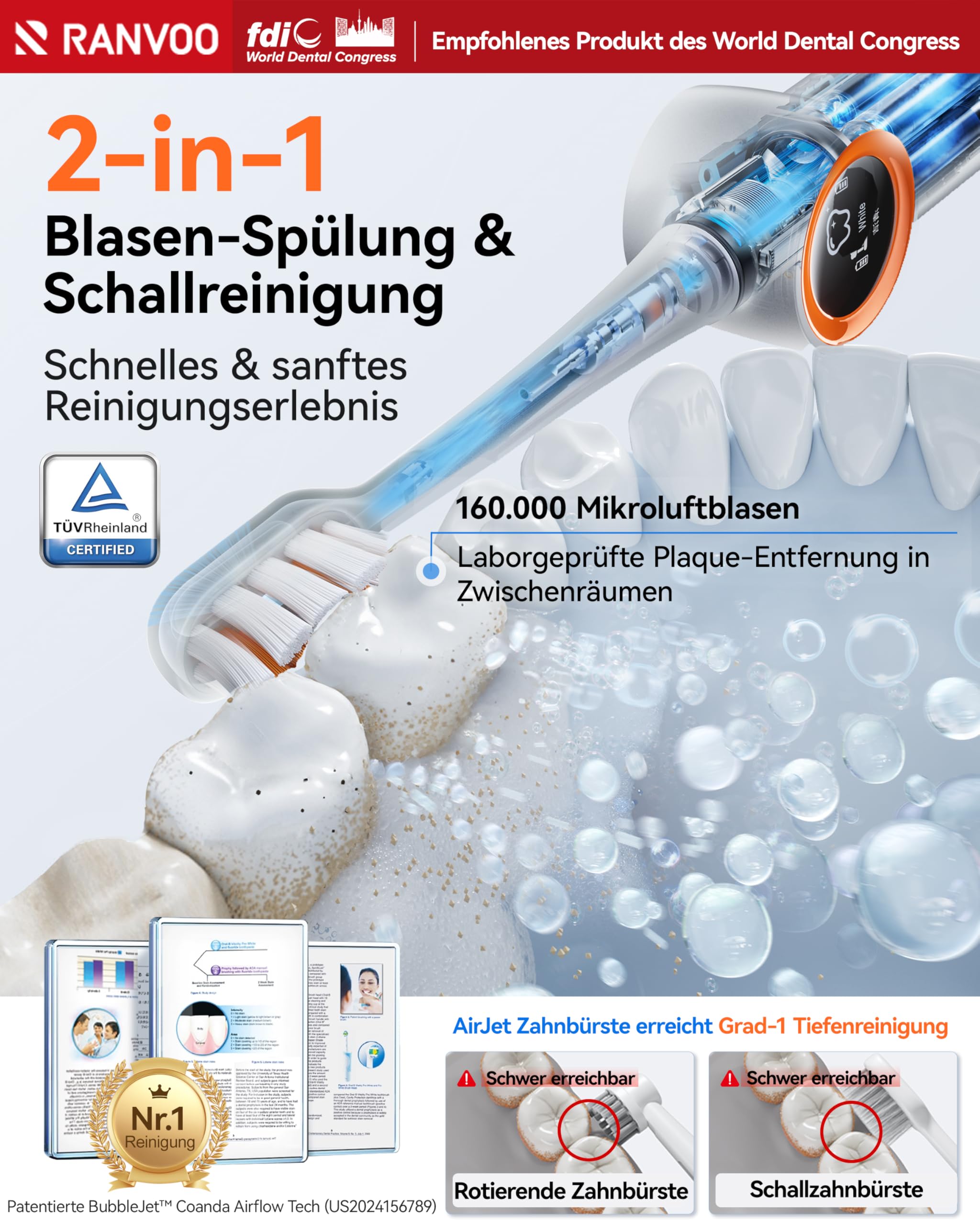 RANVOO AirJet X3 [Maximale Jet-Reinigung] Elektrische Zahnbürste Schall,AirJet Technologie, Plaque Entfernung, Zahnaufhellung, Zwischenräume, für Zahnspange, 2 weiche Bürstenköpfe Weiß