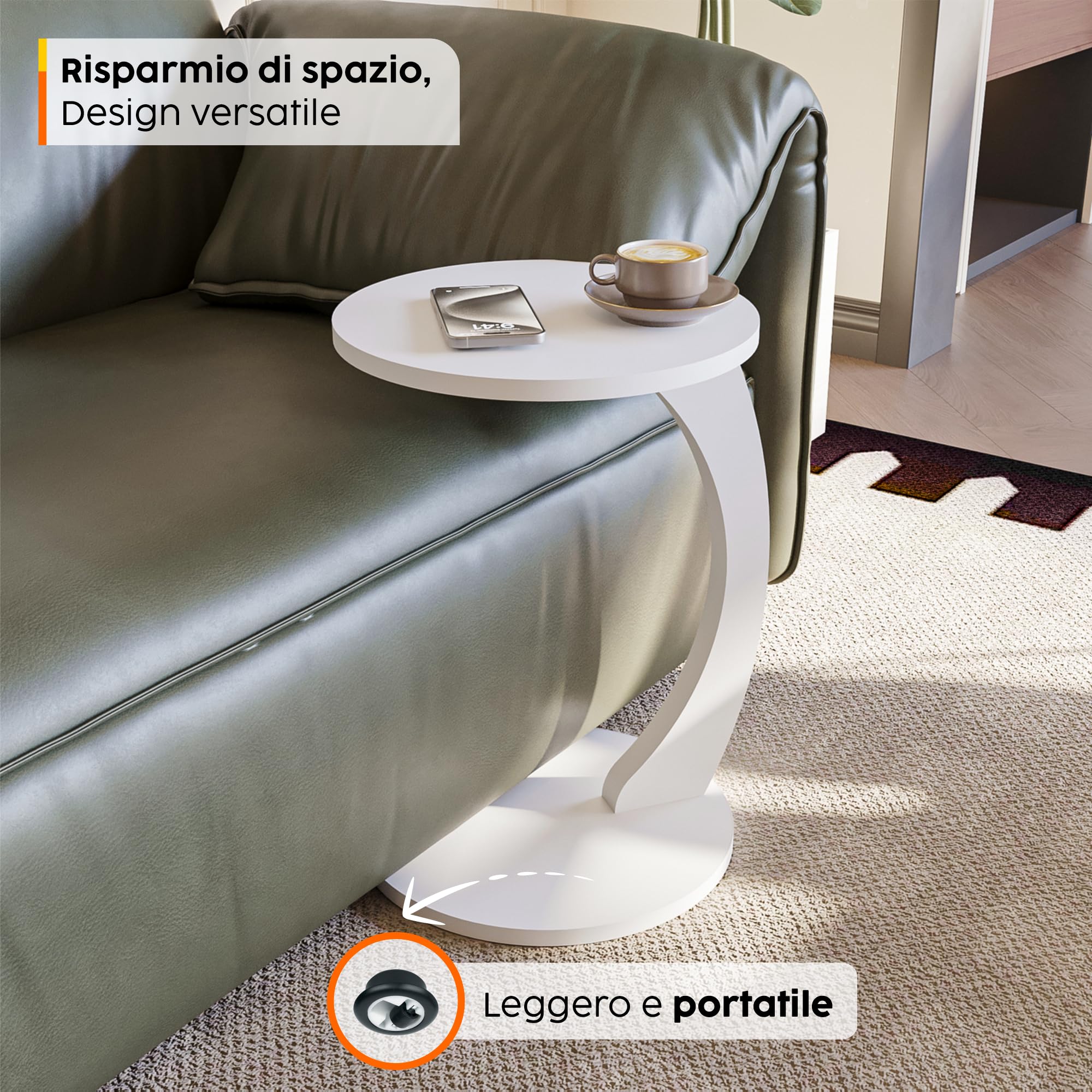 Sugodesign Tavolino rotondo da salotto, con ruote, a forma di C, elegante, ideale come piano d’appoggio per divano e poltrona, bianco