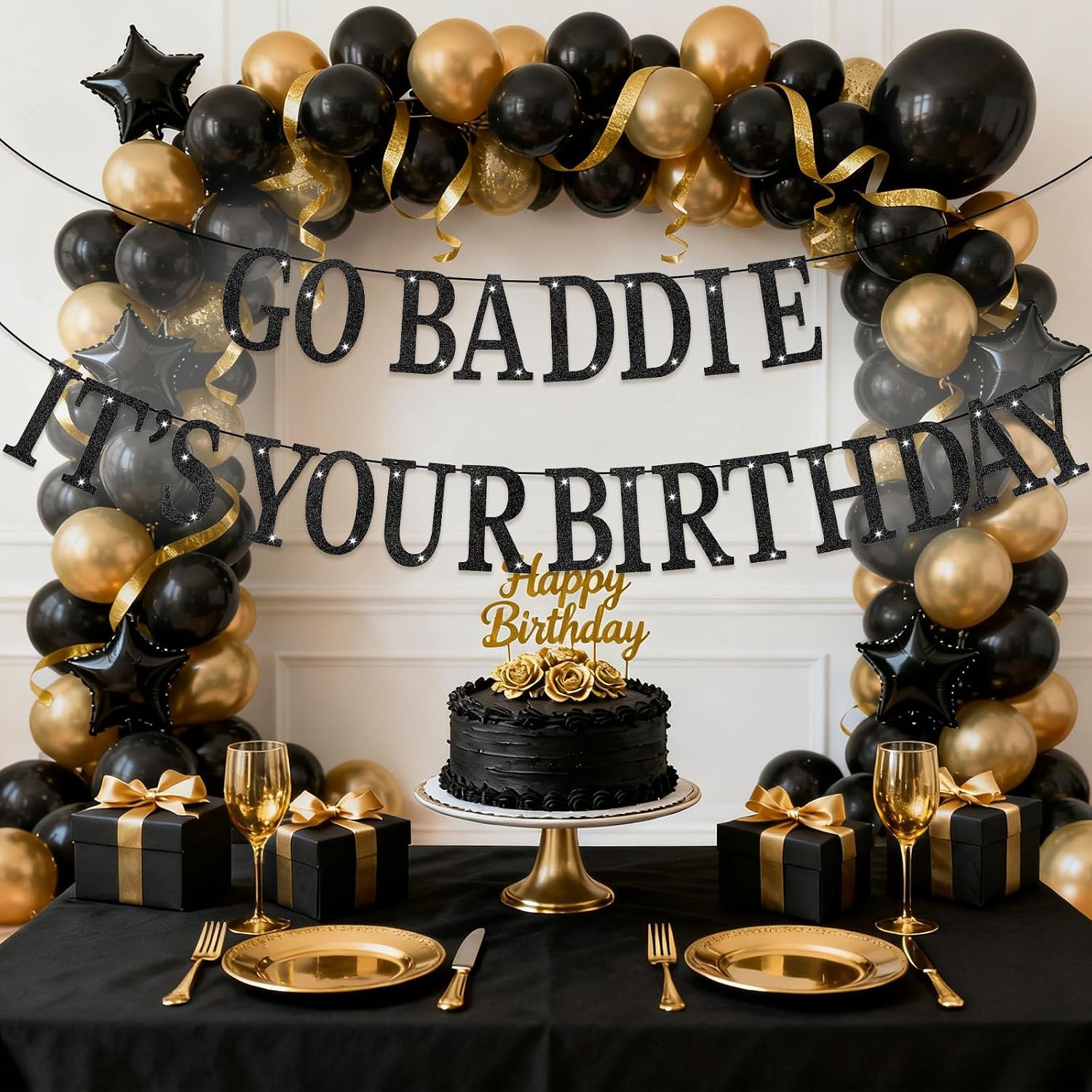 Black Birthday Baddie Decorations Banner for Women Men, GO BADDIE IT'S YOUR BIRTHDAY Glitter Banner for Girls Happy Funny Decorations Accessories Party Favors Supplies image 3