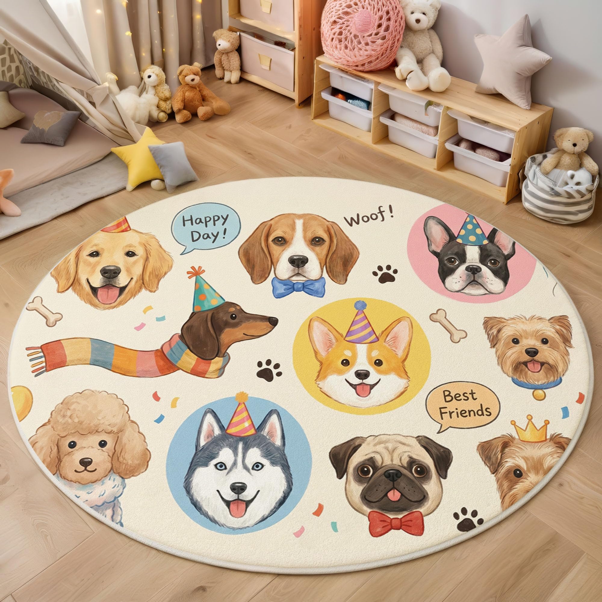 Teppich Bunt Rund 160cm, Flauschiger Kurzflor Haustiere Kindheitserinnerungen runder Teppich, Waschbarer Flanell Welpe Partyhut Knochen Teppiche, für Kinderzimmer Spielzimmer Küche Flur