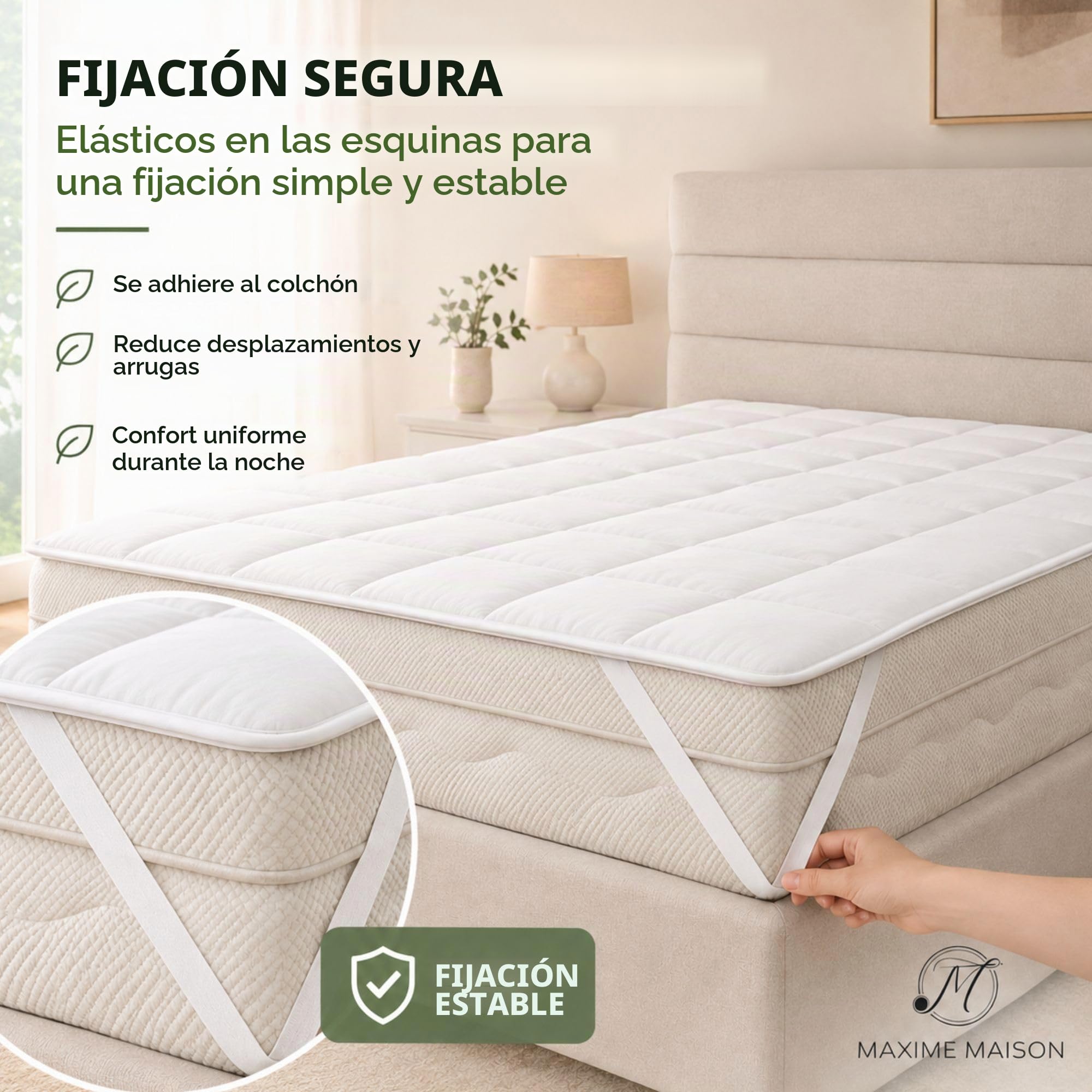 MAXIME MAISON - Topper matrimonial 180x190 acolchado con elásticos para fijación, cubrecolchón matrimonial relleno 700 g/m², protege el colchón del desgaste y mejora la calidad del sueño
