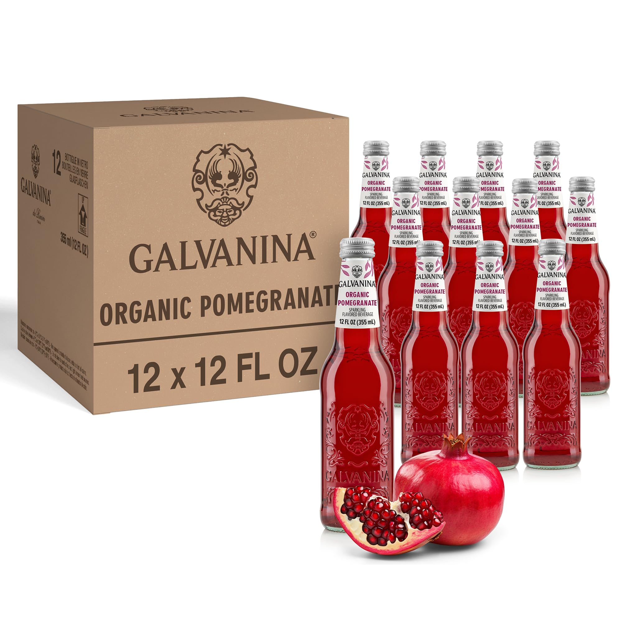 Galvanina Organic Sparkling Pomegranate – 12 fl oz (12 Glass Bottles) | Made with Organic Mediterranean Pomegranates, Naturally Refreshing Italian Soft Drink.