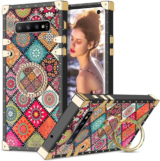 Coolden for Samsung S10 Case with Ring Kickstand Shockproof Square Case for Women Girls Metal Decoration Corner Back Soft TPU Protective Case Phone Case Cover for Samsung Galaxy S10 (Sun Flower)