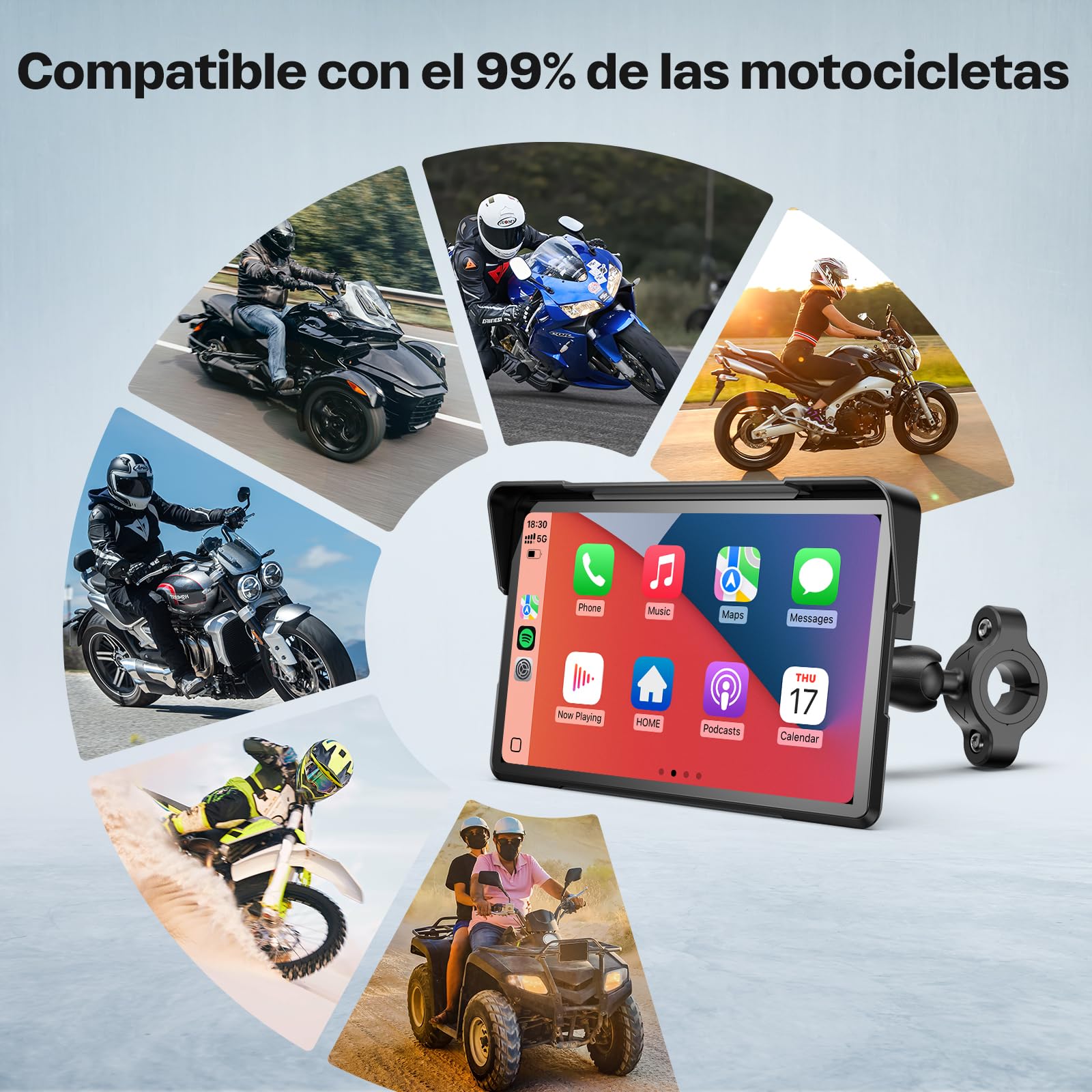 WonVon 7 Pulgadas CarPlay para Motocicleta Sistema de Navegación GPS con Apple CarPlay y Android Auto Pantalla Portátil con Doble Bluetooth, Navegación, Siri, Asistente de Google Soporte magnética