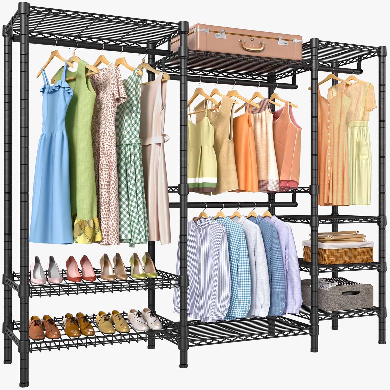 VIPEK V8 Basic Heavy Duty Garment Rack with Hanging Rod, Shoe Rack and Adjustable Shelves, Freestanding Clothes Rack for Organized Storage Wardrobe Closet, 71.7"x14.6"x76.4", Black