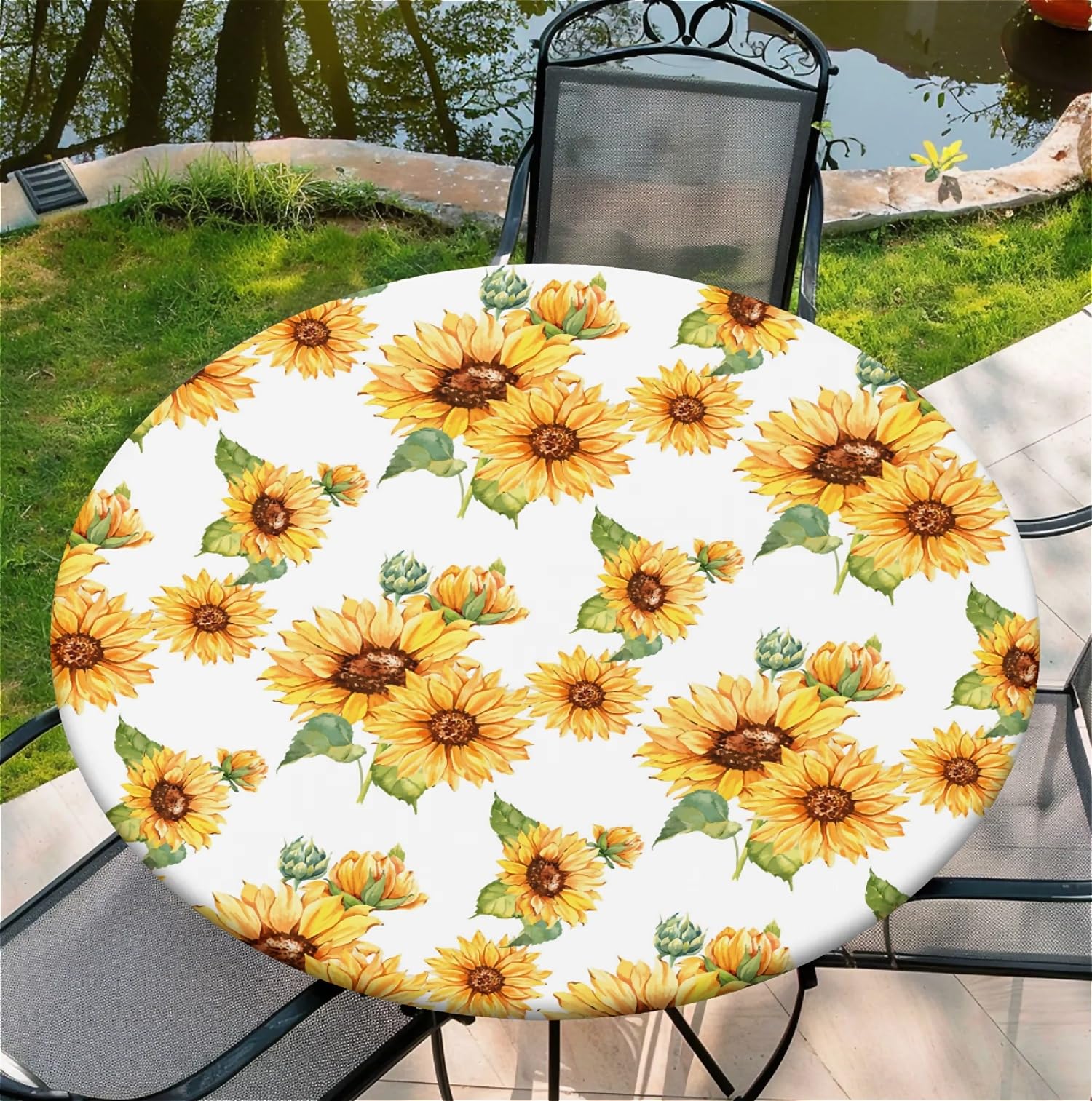 artslion Round Table Cloth with Elastic Edge 44 Inch– Waterproof Non-Woven Fitted Table Cover for Indoor & Outdoor Use – Sunflower Patterns Tablecloth Perfect for Dining, Garden & Patio Tables