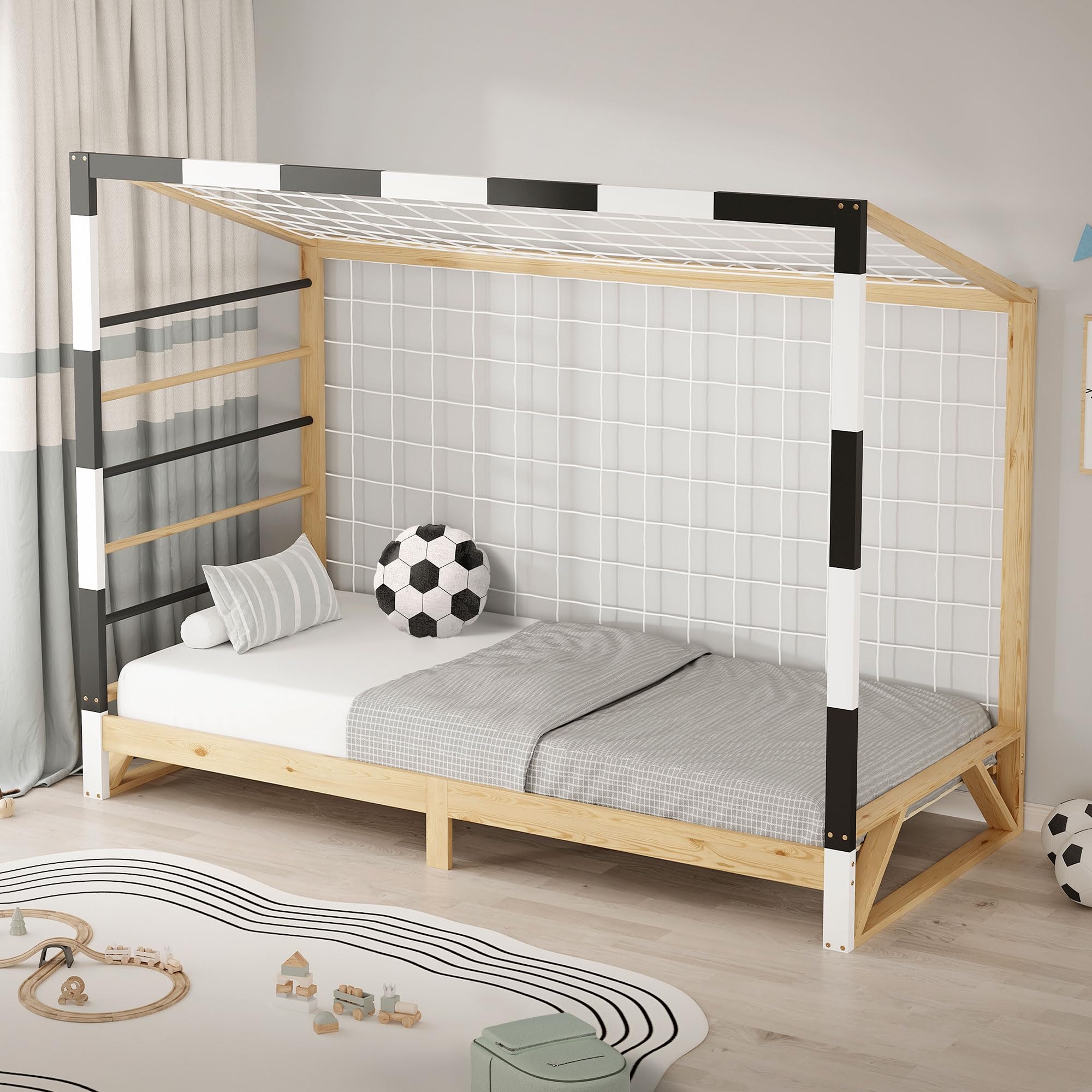 ML-Design Letto Bambini 90x200 cm in Pino Naturale, Struttura a Forma di Porta da Calcio Pallamano Bianco Nero, Rete a Doghe e Scala, Letto Singolo Sportivo, Lettino Basso per Cameretta