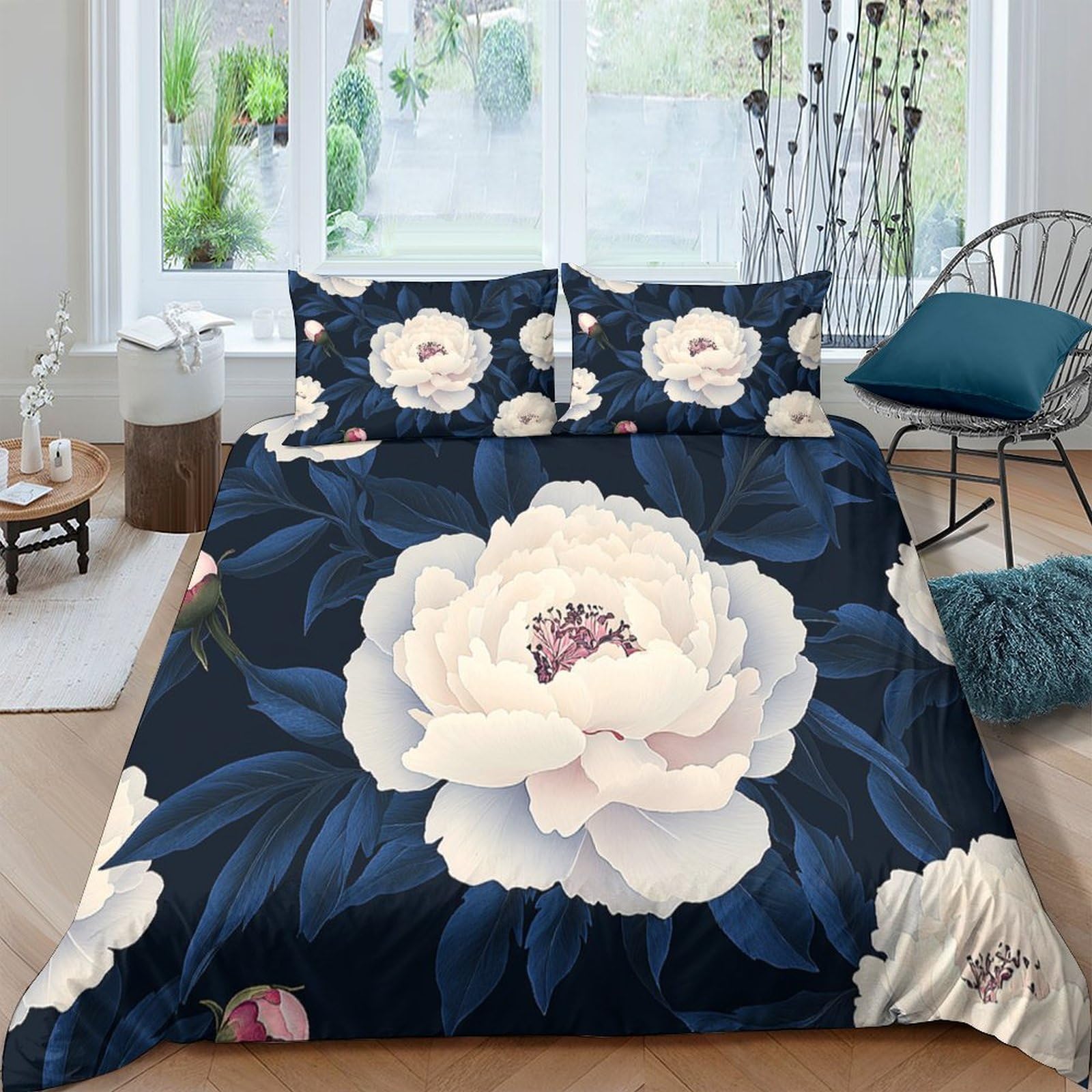 Ctjqhvkz Style-4 3D Printed White Peony Fitted Sheet Microfiber Navy Floral Bed Cover For Bedroom Guest Room Mattress Decor Single（135X200cm）