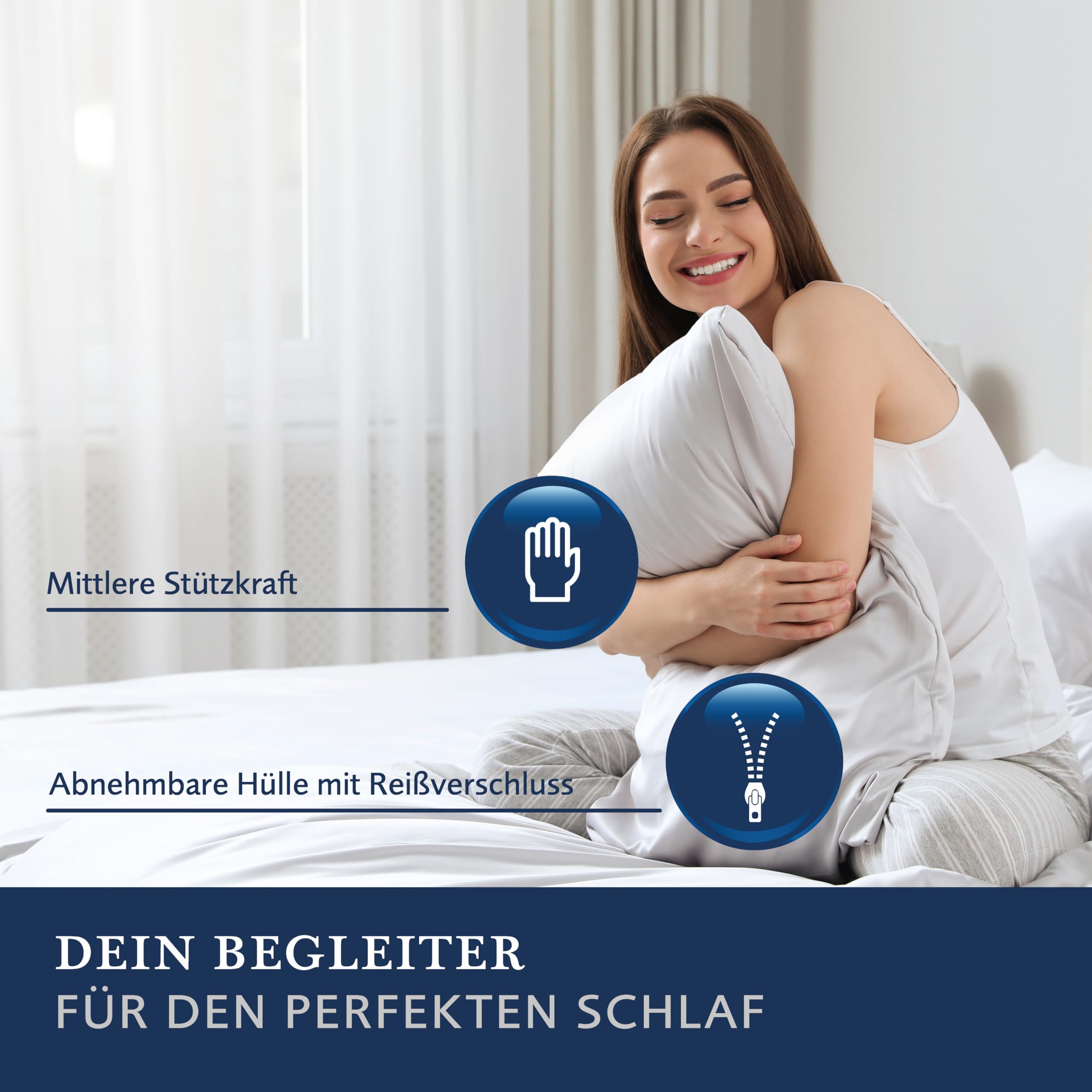 Billerbeck Kopfkissen ALCANDO® - Faserkissen ca. 80 x 80 cm – Kissen mit mittlerer Stützkraft – Bezug aus Baumwolle mit Reißverschluss – AIRFLOCKS® Füllung, individuell anpassbar