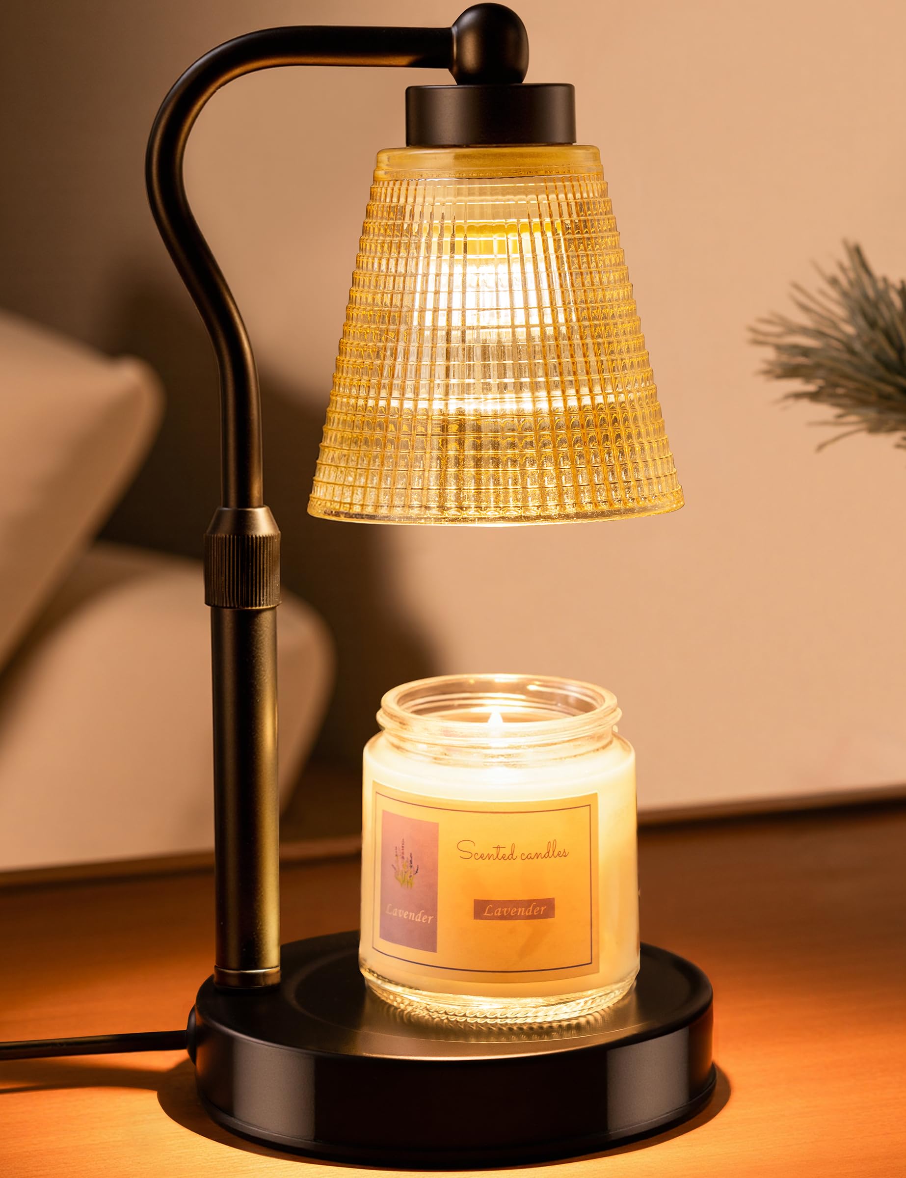 Candle Warmer Lamp for Jar Candles, Height Adjustable & Dimmable with 2/4/8H Timer, 2*50W Halogen Wax Melter Warmer for Home Office Décor, Flameless & Smokeless, Gift for Women Mom,Black-Amber/1 Pack