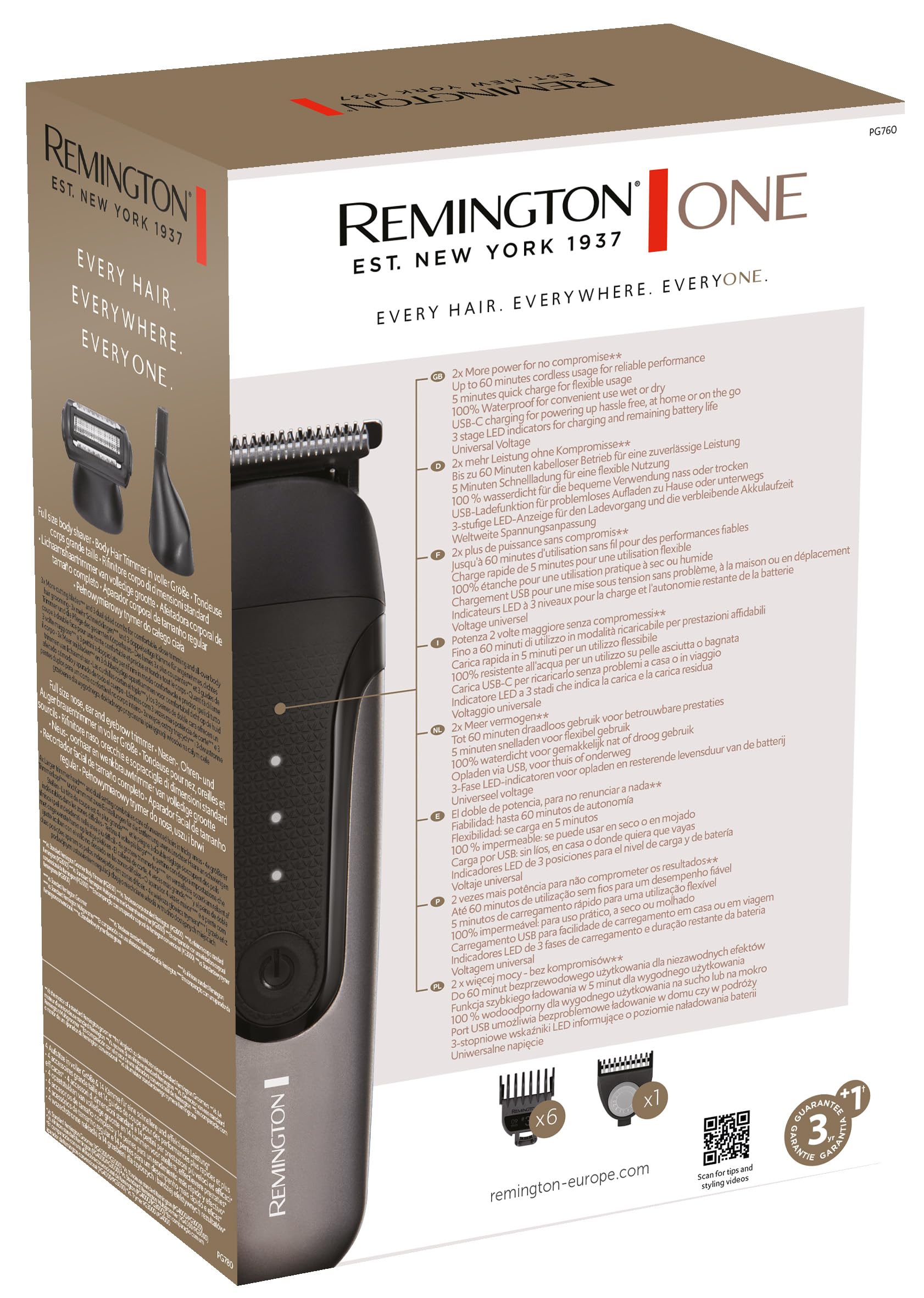 Remington ONE Rasoio Elettrico Multiuso, 10 Testine e Pettini, Impermeabile | Batteria al Litio a Lunga Durata, Autonomia 60 Minuti con Ricarica USB-C, Accessori per Cura di Corpo Naso e Orecchie