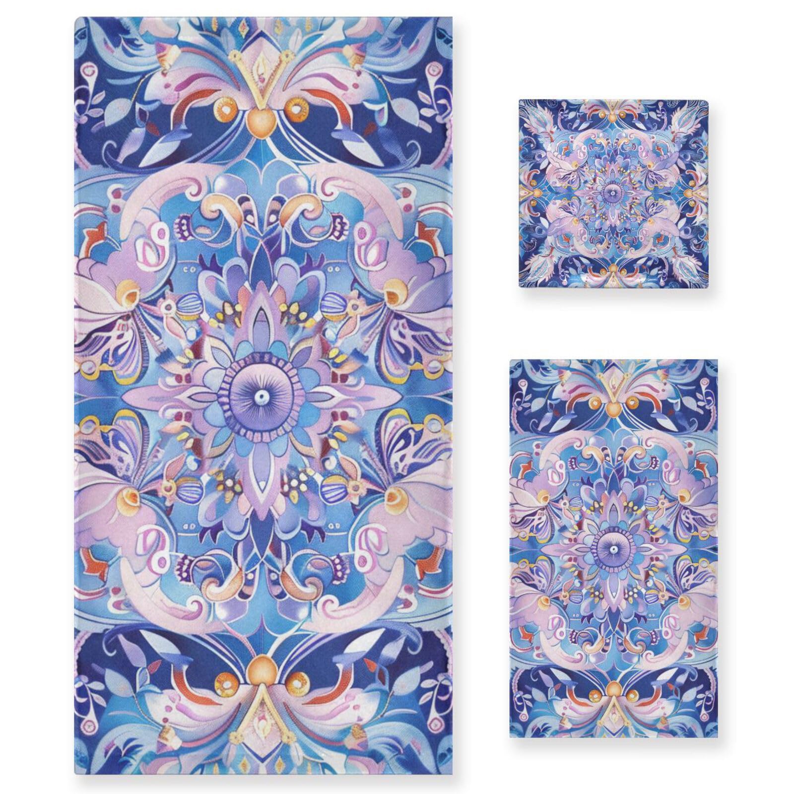 Set di 3 asciugamani decorativi per il viso in stile bohémien, motivo floreale viola, 1 asciugamano da bagno, 1 asciugamano per mani, 1 panno per la casa, cucina, hotel, palestra, nuoto, spa