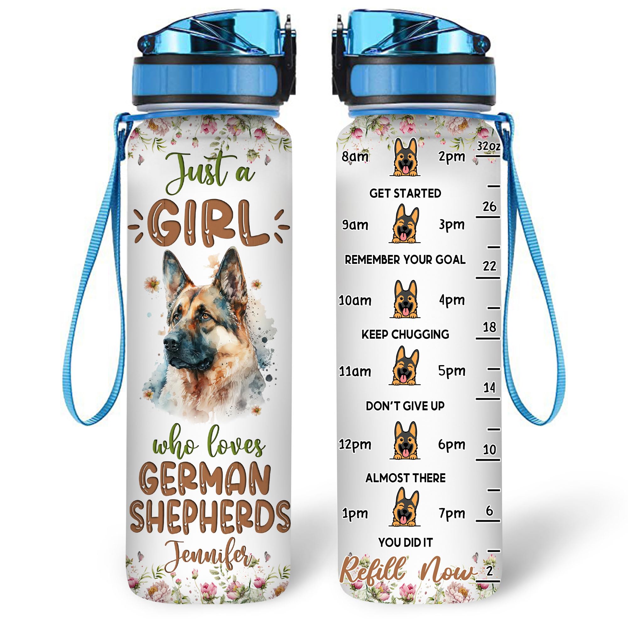 Hyturtle Personalized German Shepherd Dog Lovers 32 Oz 1Liter Motivational Water Bottle With Time Marker, Just A Girl Who Loves Dogs, Animal Lovers