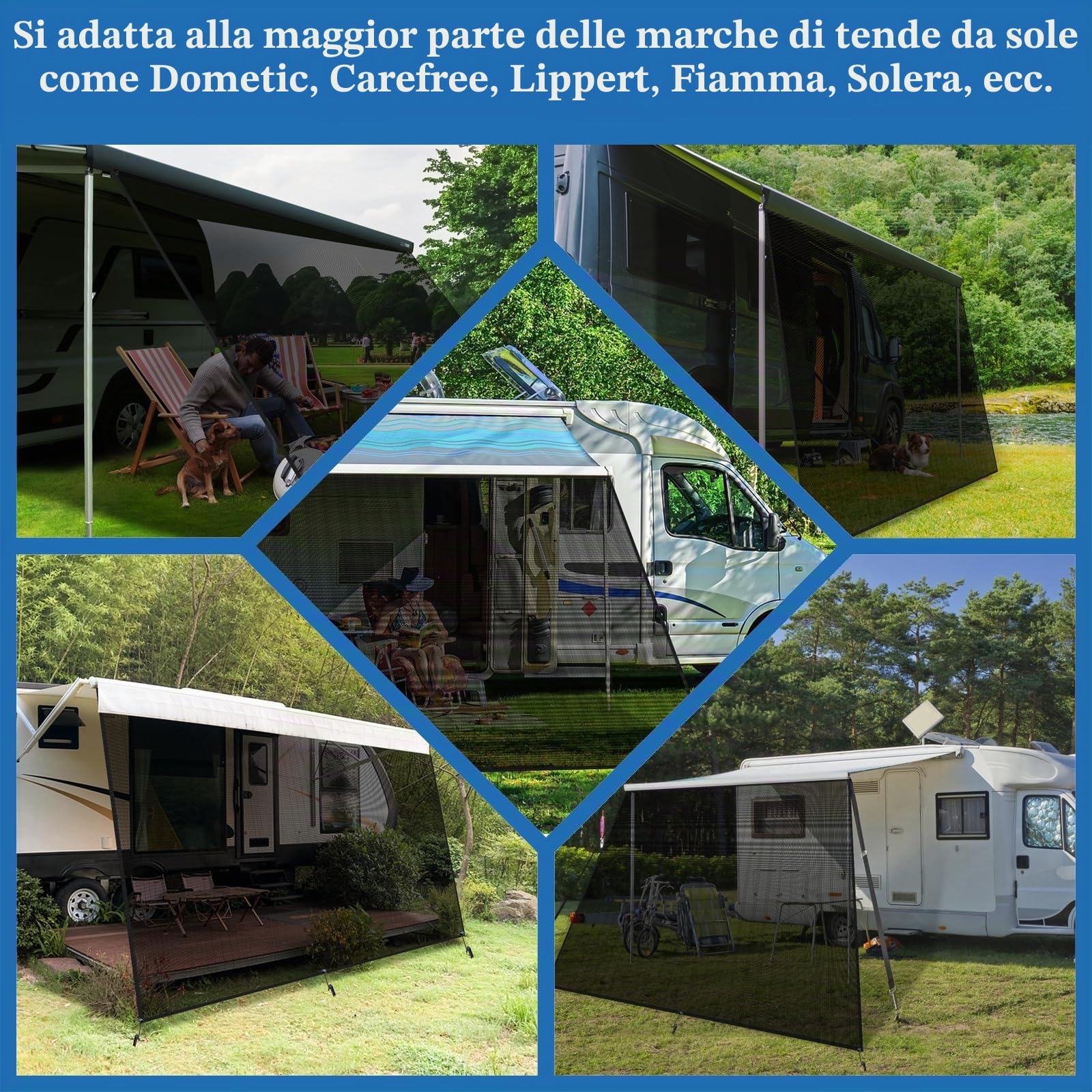 Telo Frontale per Tendalino Camper 2,44m x 3,8m, Pannello Parasole Traspirante per Veranda, Frangivista Universale per Roulotte con Kit Completo, 86% Protezione UV, Resistente a Vento e Pioggia