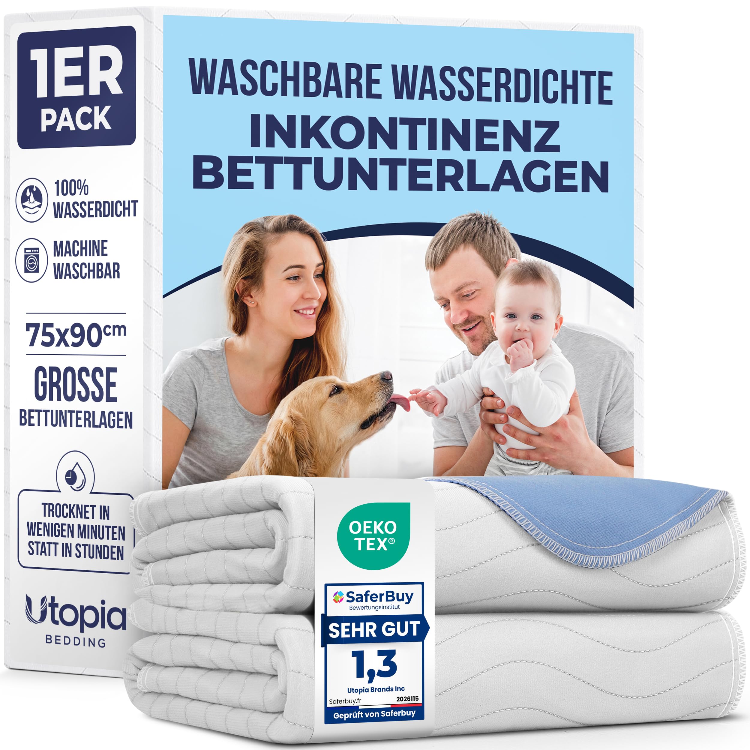 Utopia Bedding Bettunterlagen 75 x 90 cm (1er-Pack) Weiß/Blau – wasserdichte, Waschbare, Wiederverwendbare Matratzenschoner
