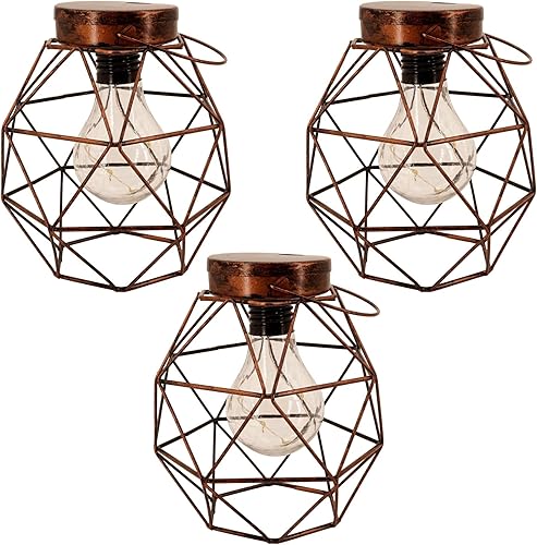Faroles LED de jaula de metal rústico (paquete de 3, esfera geométrica), linterna inalámbrica, lámpara colgante vintage con bombilla LED retro,
