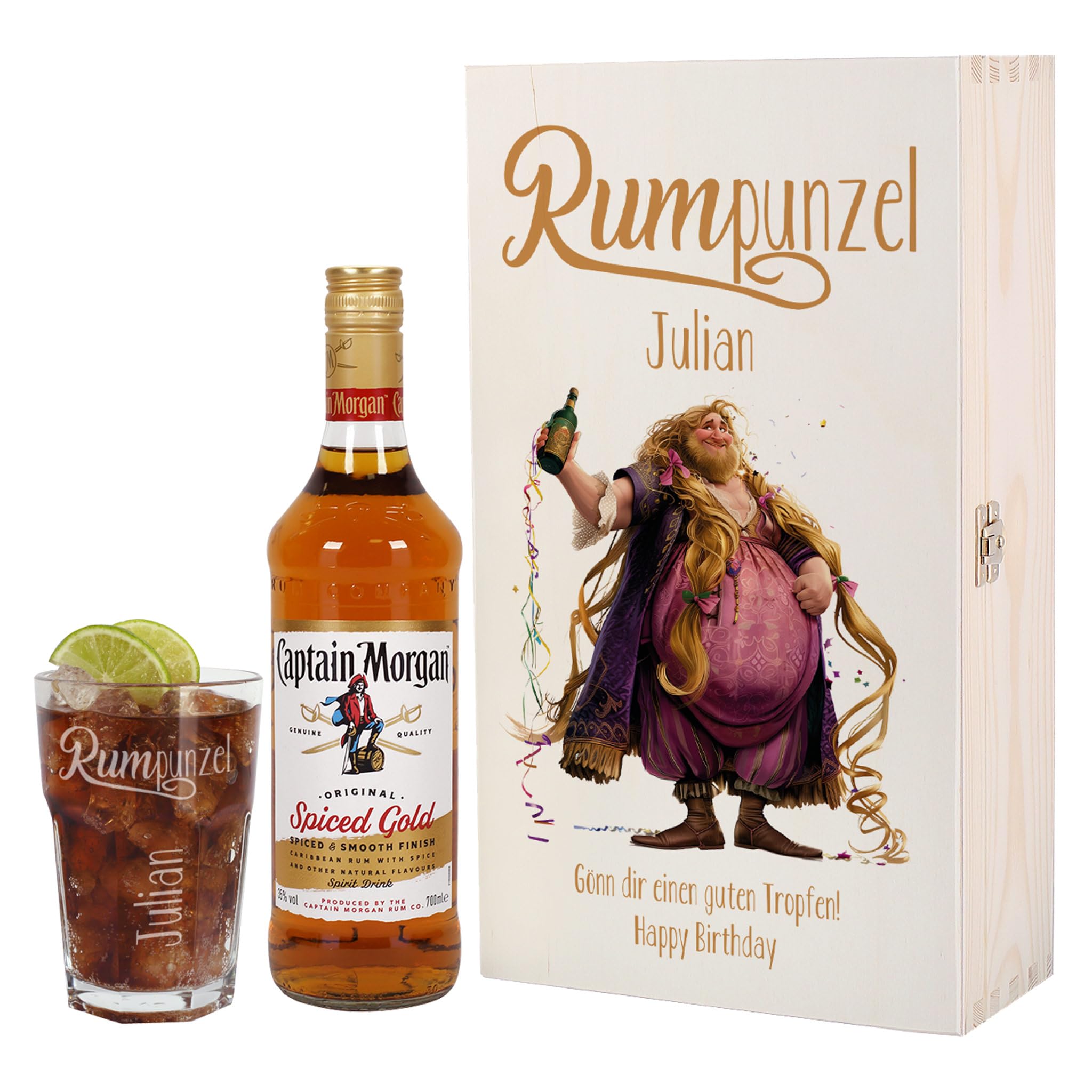 Herz & Heim® Personalisiertes Rum Geschenkset "Rumpunzel" mit Captain Morgan, graviertem Glas & individueller Geschenkverpackung aus Holz oder Karton – Lustiges Geschenk für Männer (Holzbox)