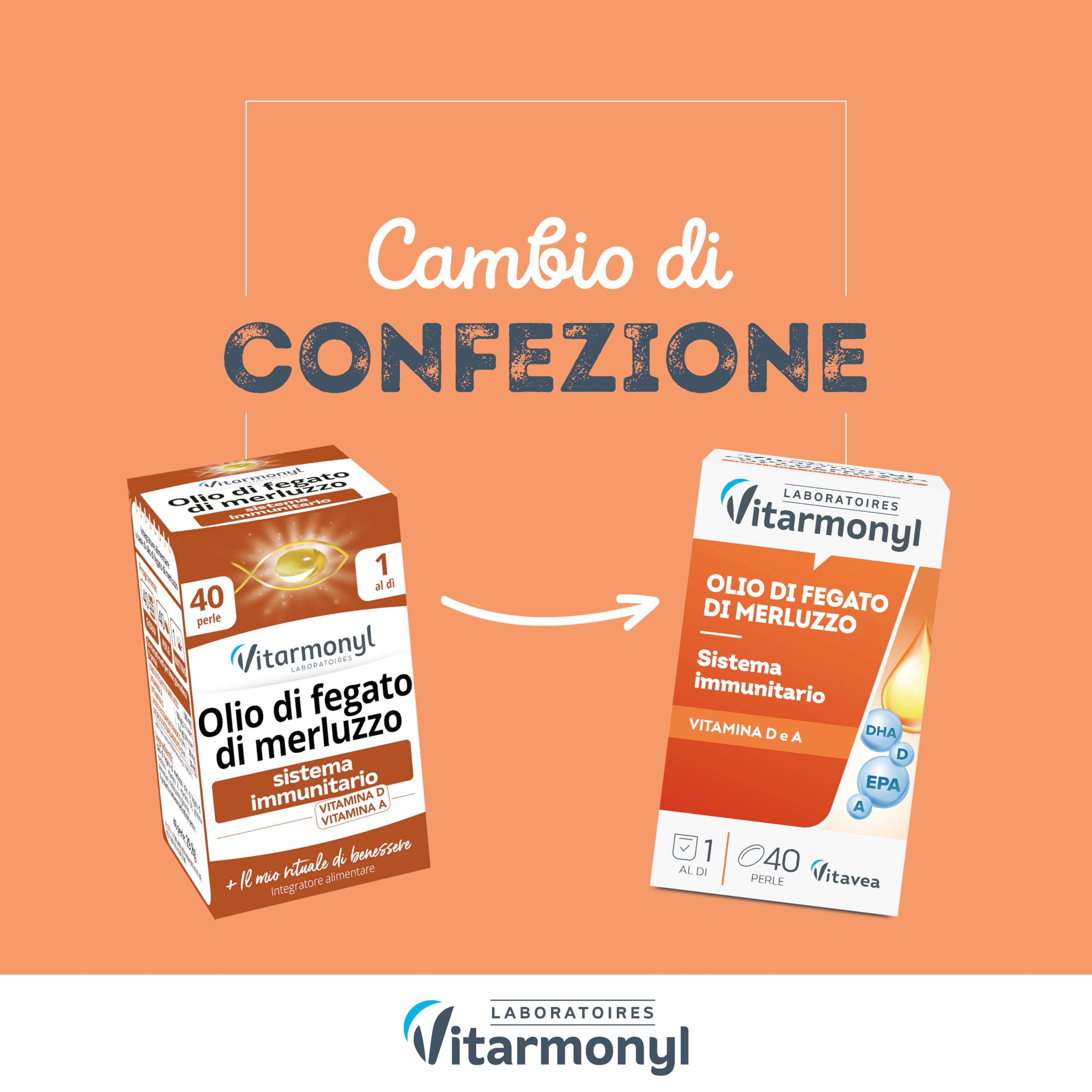Olio di Fegato di Merluzzo - Ricco di Omega 3 - EPA e DHA - Sistema Immunitario - Salute delle Ossa - 560mg Olio di Pesce - Vitamina A e D - 40 Perle Marine - Vitarmonyl