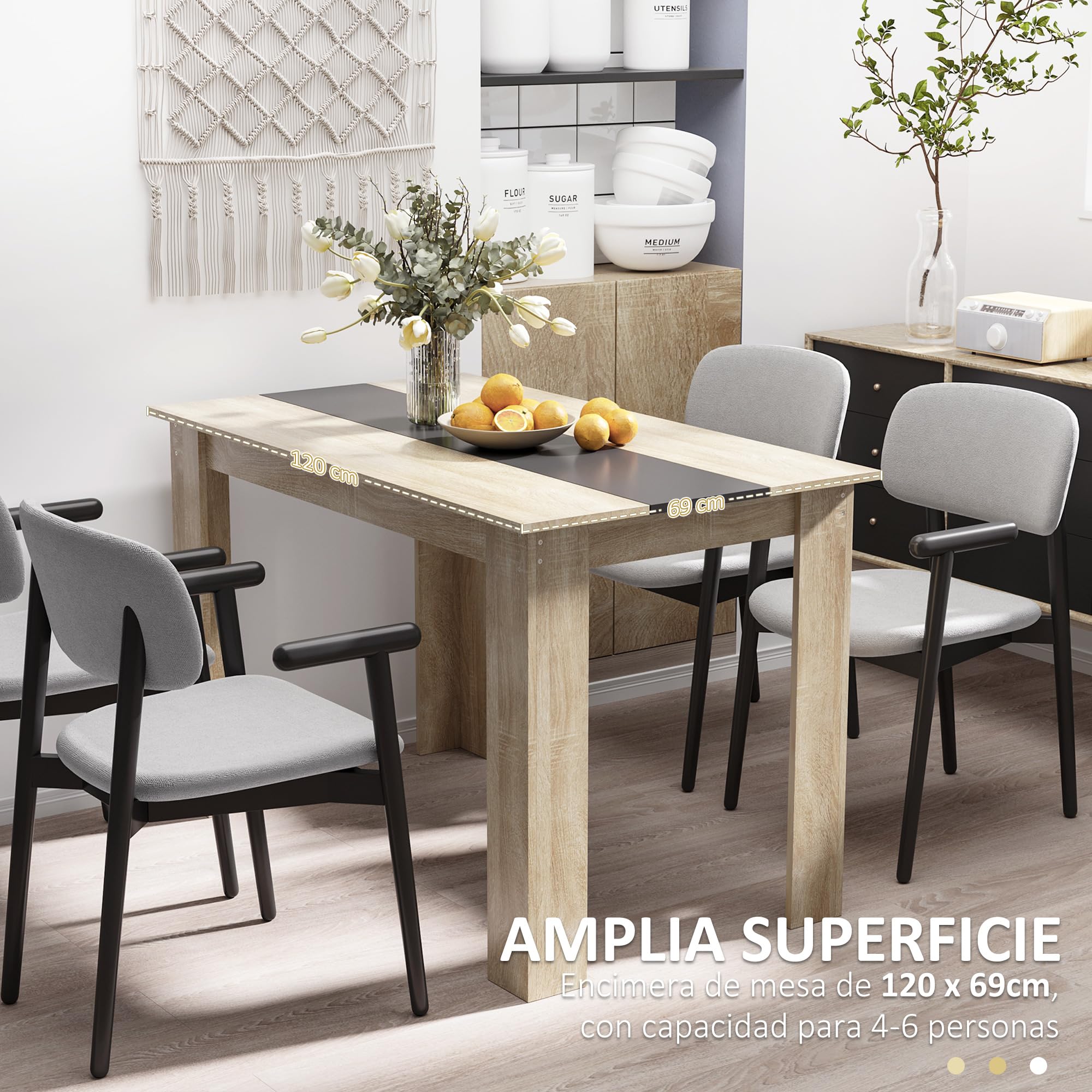 HOMCOM Mesa de Comedor para 4-6 Personas 120x69x75 cm Roble y Negro | Mesa de Cocina Rectangular, Estilo Moderno, para Salón