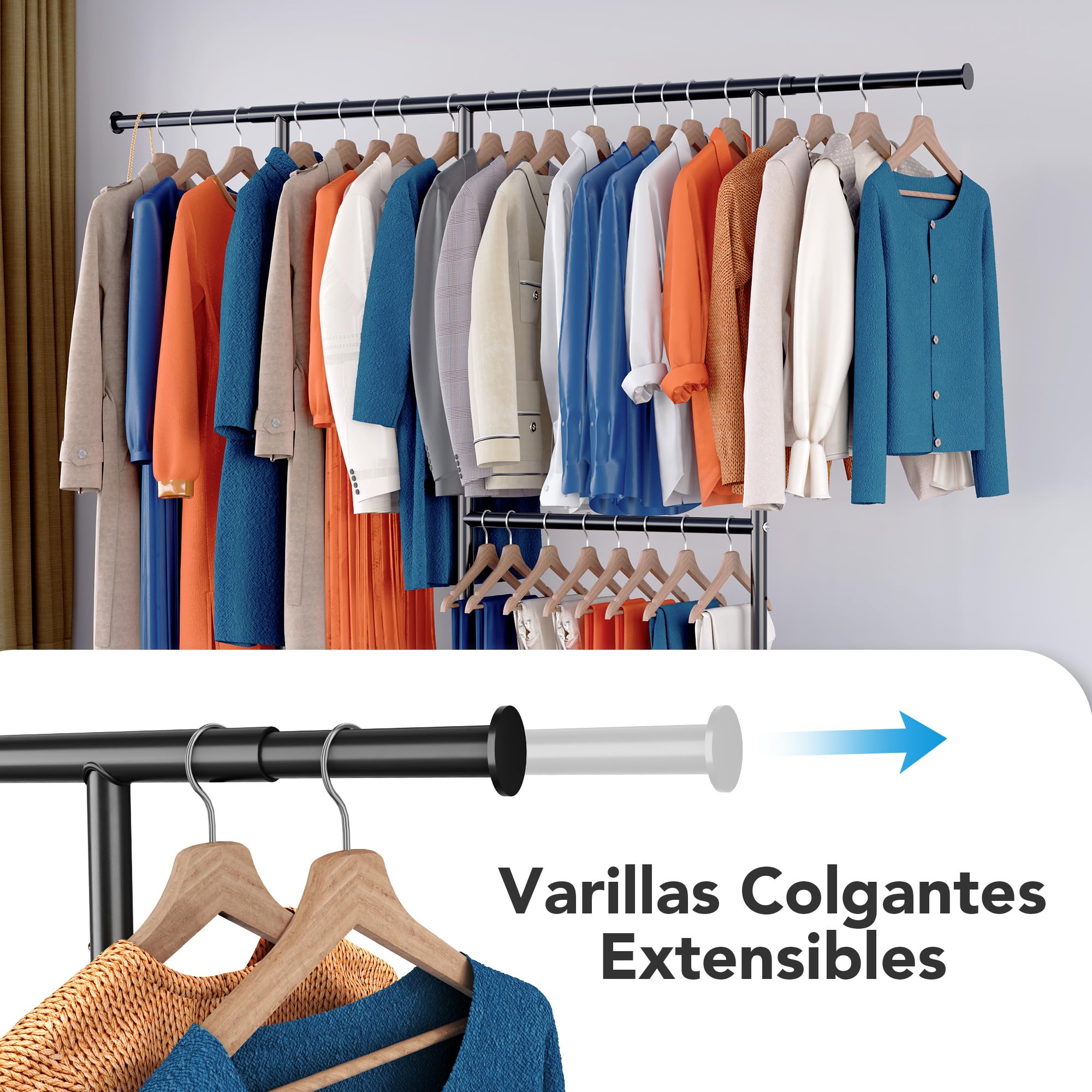 HOKEEPER Burro de Ropa Resistente de Doble Barra con Ruedas, 209kg, Altura Ajustable y Barra Extensible, Armario Móvil para Dormitorio, Boutique