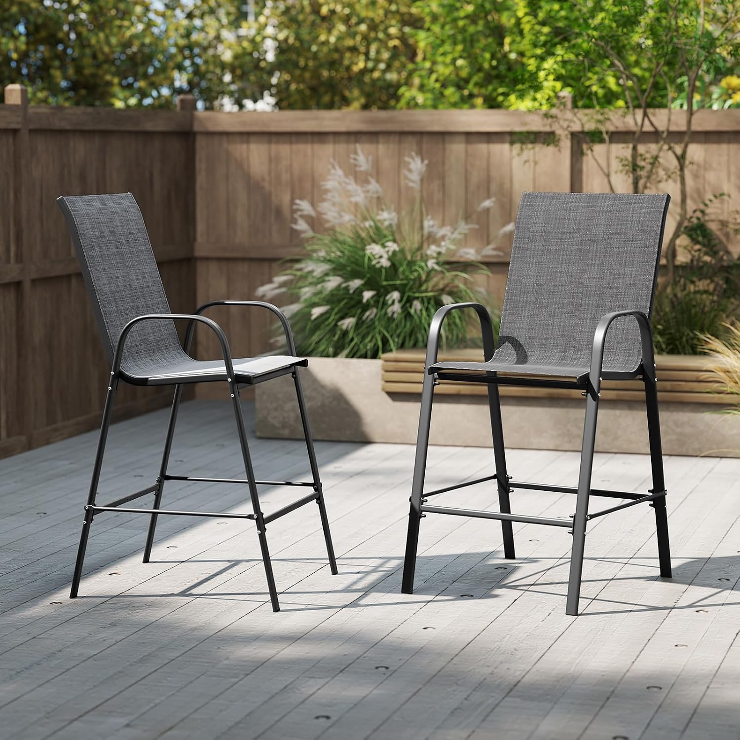 Tangkula Outdoor Bar Stools Set of 2, 29" Fabric Counter Height Bar Chairs with High Back, Armrests, Footrest, Enlarged Seat & Metal Frame, Tall Patio Chairs for Backyard Deck Pool (Gray)