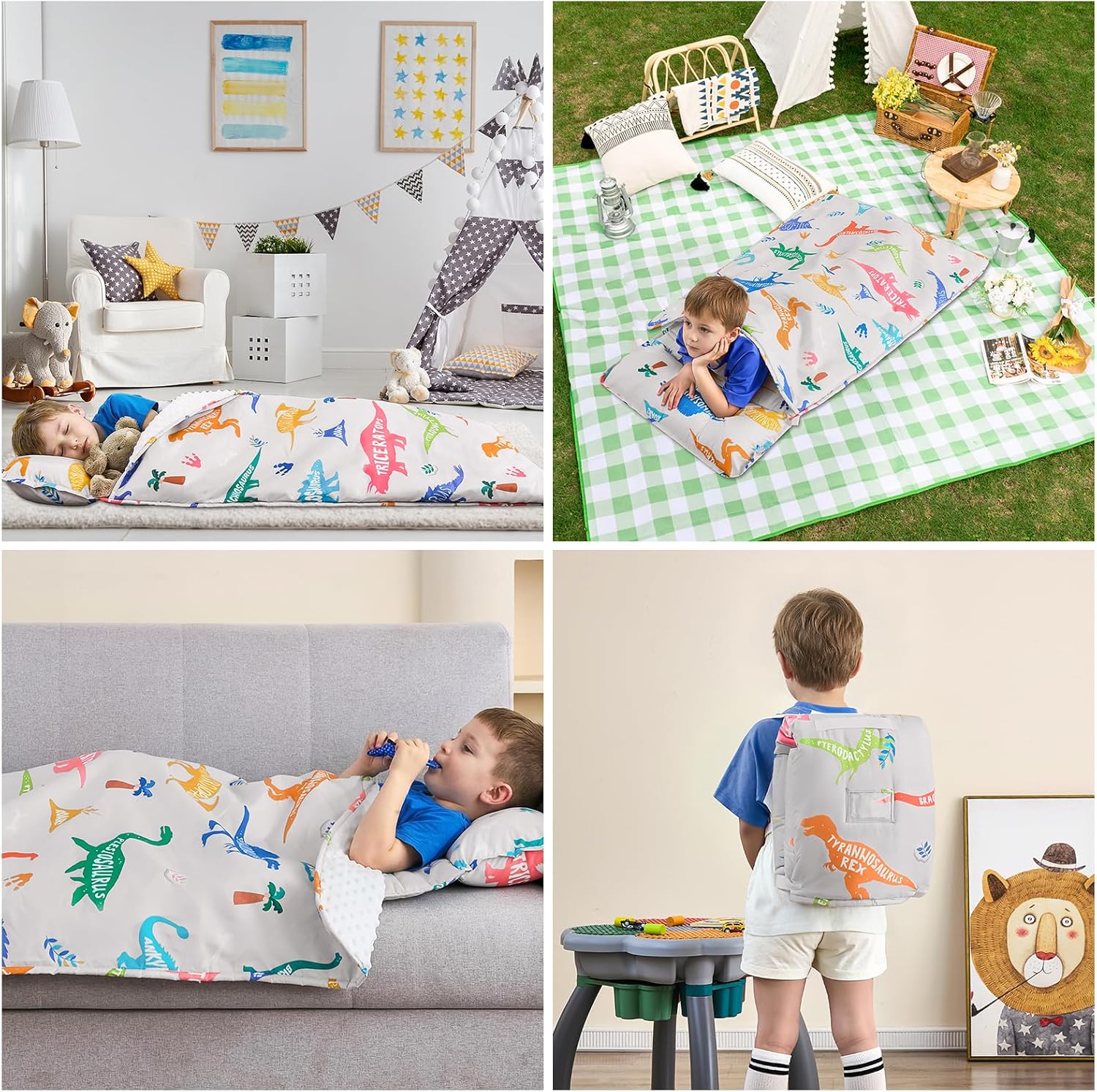 Anibedding Nap Mats with Pillow and Blanket, Grey Jurassic Dinosaur Themed Slumber Bags for Kids Daycare Preschool Travel Camping(Backpack and Hand-Carry Style)