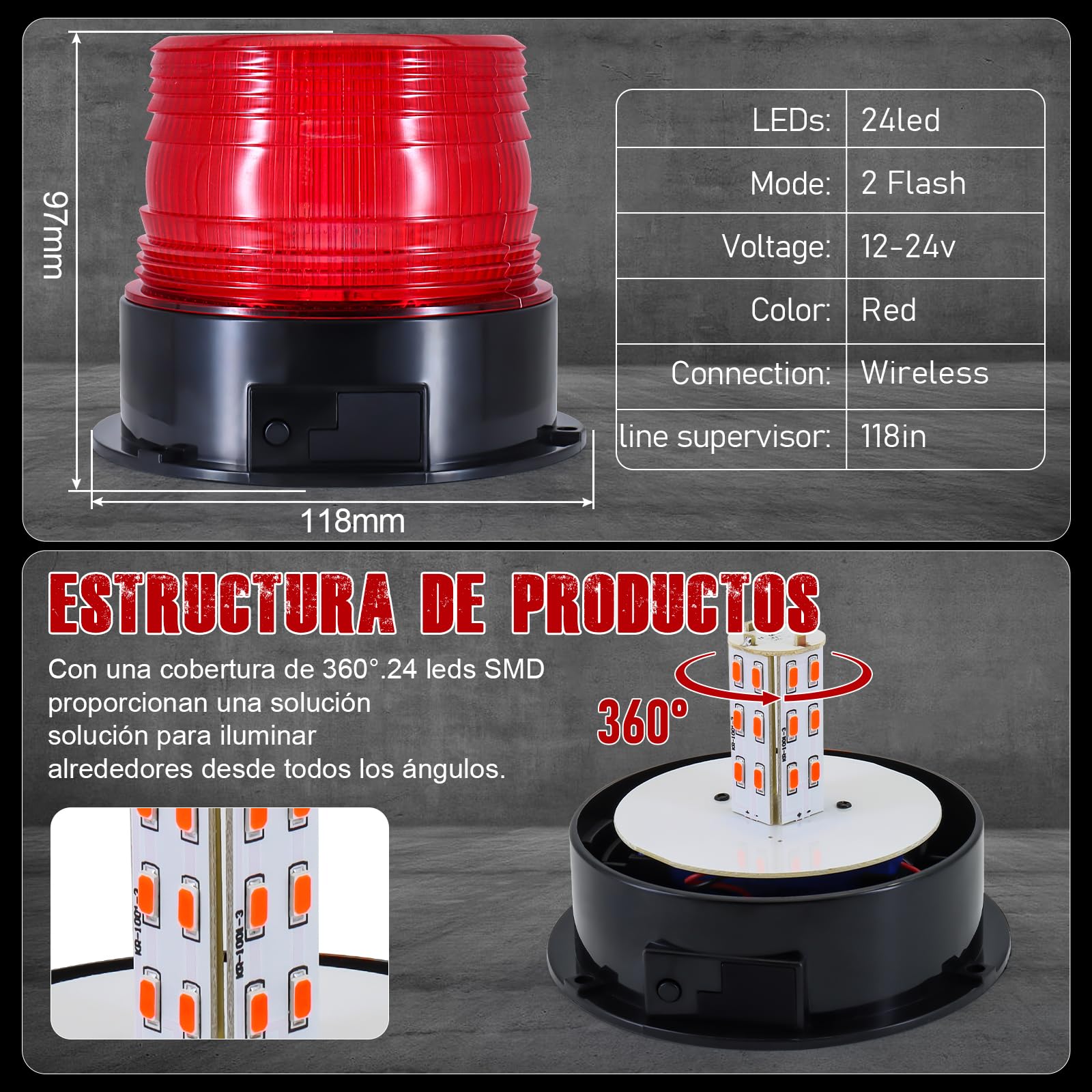 Dinfu rotativo led bateria LED rojo, 12V-24V luz roja de advertencia con magnético para coche tractor carrito de golf UTV remolque SUV vehículos de emergencia departamentos de bomberos