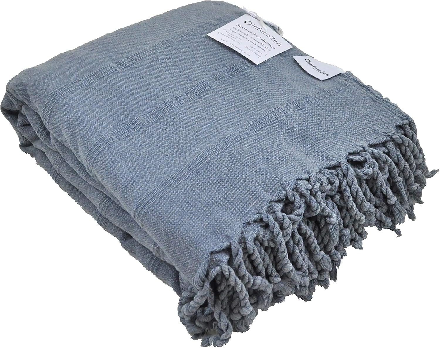 InfuseZen Large Stonewashed Turkish Throw Blanket - 100% Organic Turkish Cotton - 92" x 69" - Soft, Lightweight, Cozy - Love Seat, Sofa, Bed, Picnic, Yoga - Sand Free Beach Blanket - Denim