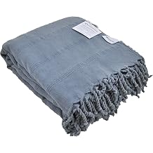 Large Stonewashed Organic Cotton Turkish Throw Blanket - Denim | Thin, Soft and Lightweight, Woven Design for Twin Bed, Queen Topper, Couch or Sofa, Blue-Grey, 92"x69"