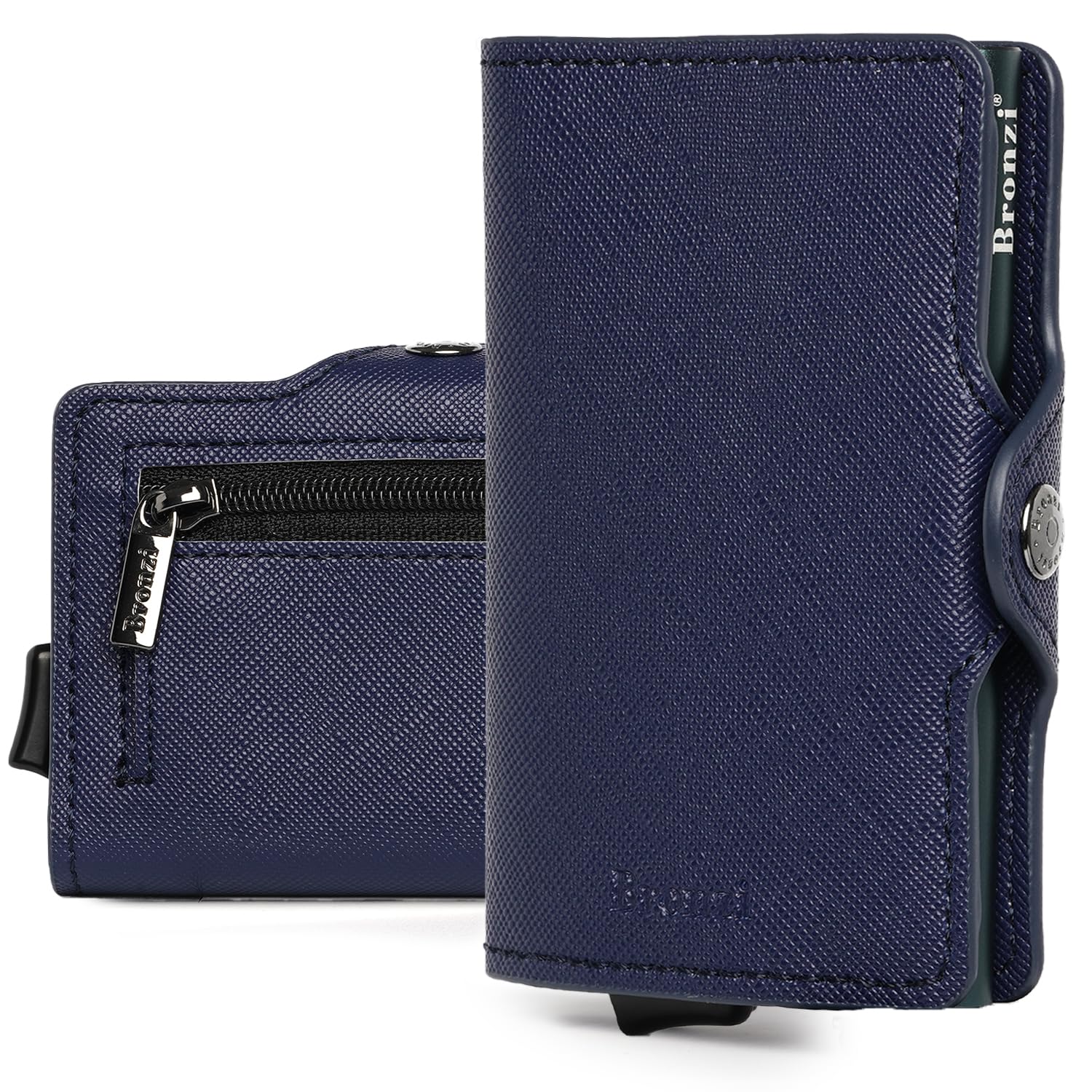 Bronzi Portafoglio Porta Carte Credito - Portafoglio Uomo Slim Portacarte uomo - Mini Porta Tessere - Protezione RFID - Design Smart Italiano Scatola Regalo inculsa (SAFFIANIO BLU SCURO)