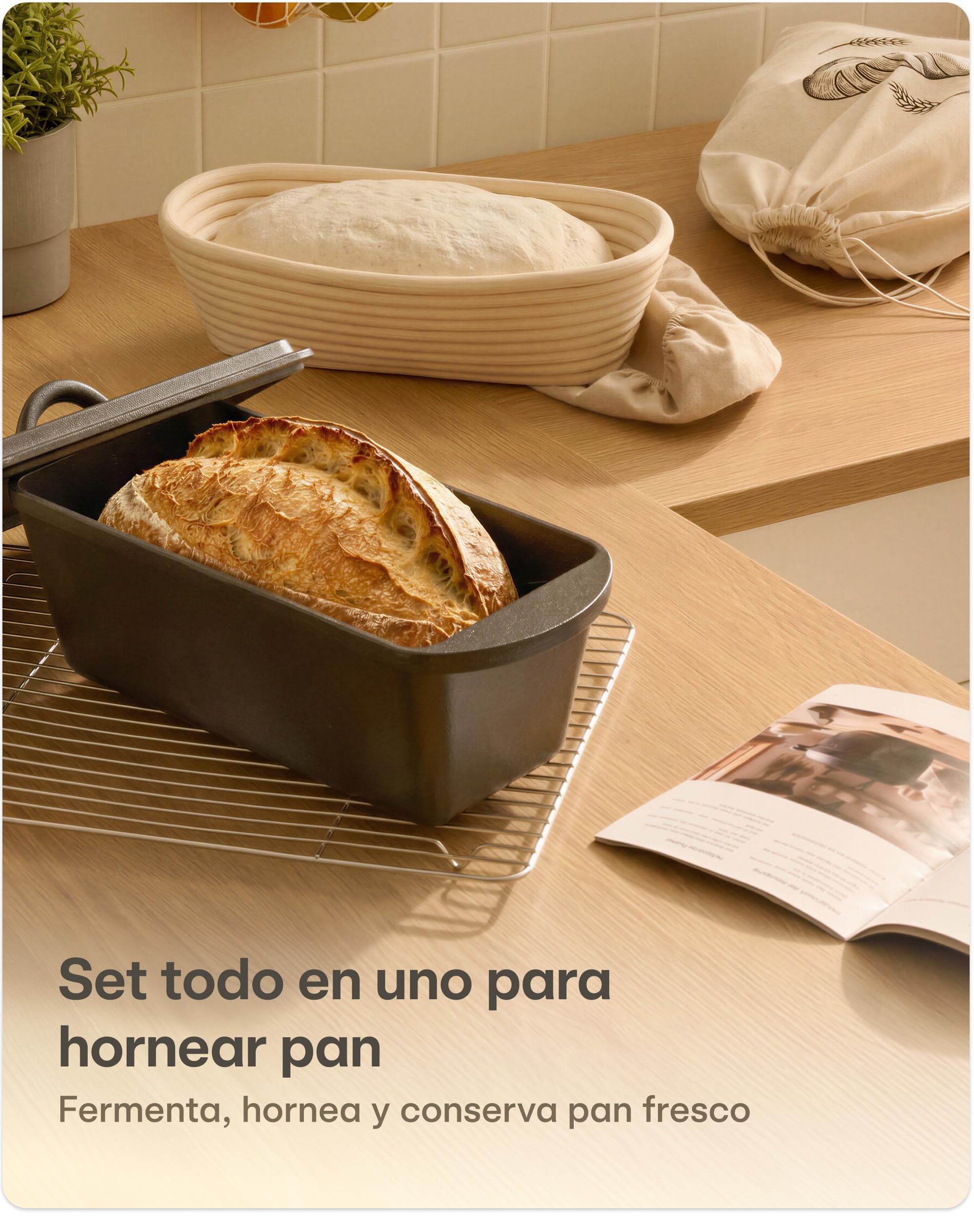 Praknu Set Olla Hierro Fundido (28 × 12 cm) – Cacerola Hierro Fundido Para Pan – Con Banetón Y Bolsa Para Pan – Tapa Incluida – 3 L Dutch Oven – Accesorios Pan y Cocina