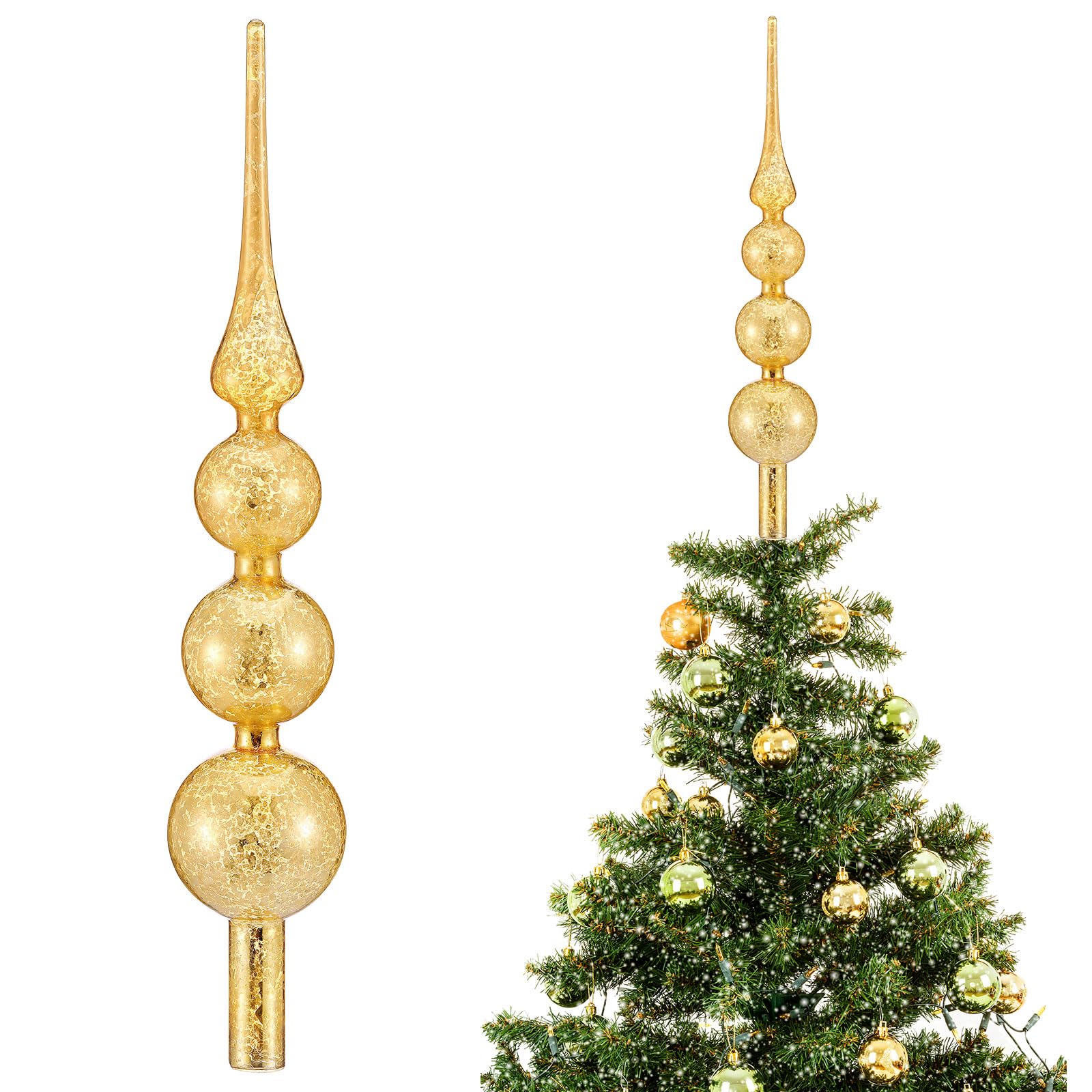 Gejoy 15 Inch Mercury Glass Finial Christmas Tree Topper, Gold