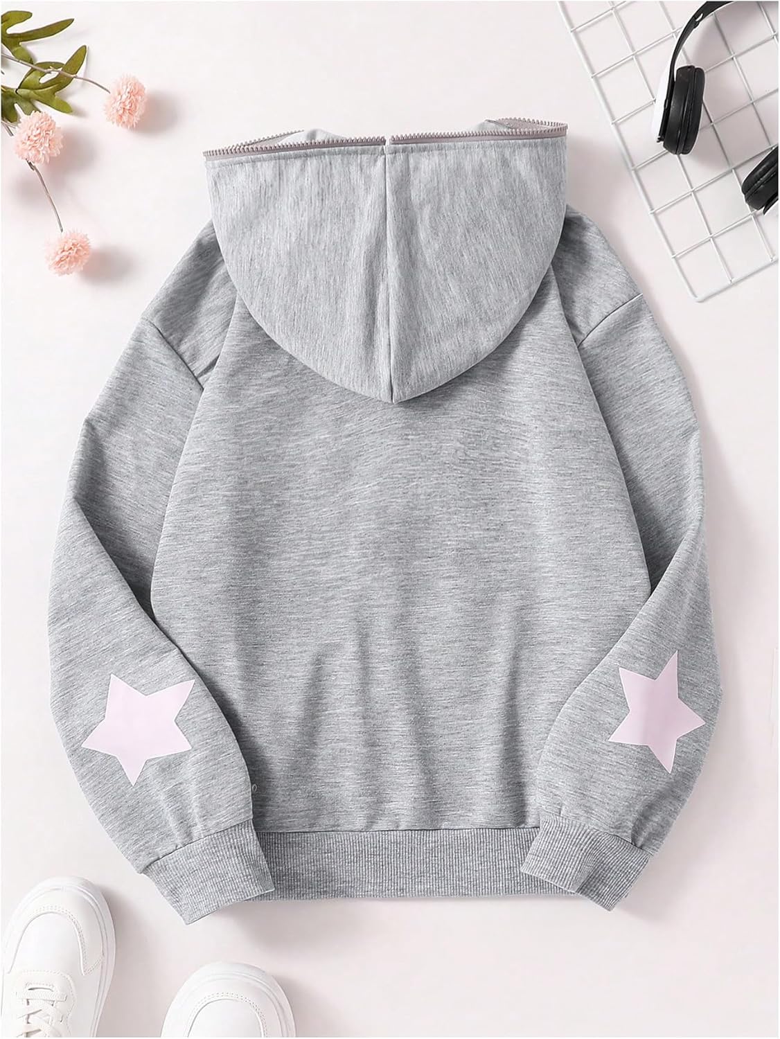 SHENHE Girl's Letter Graphic Full Zip Up Hoodie Star Print Loose Casual Sweatshirt with Pocket - Image 2