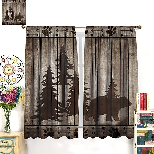Miniatura 3 de Cortinas opacas de oso para ventana de cocina, estilo rústico, bosque de pinos, animales salvajes, oso negro, tablero de madera retro, estilo