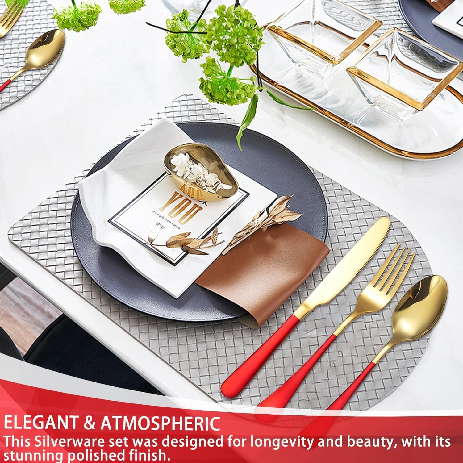 24-Piece Silverware Set with Organizer,Heavy Duty Stainless Steel Silverware for 6,Flatware Set with Antiskid Handle,Rust-proof Stainless Steel Cutlery, Mirror Polished (Red Gold) (Red Gold)