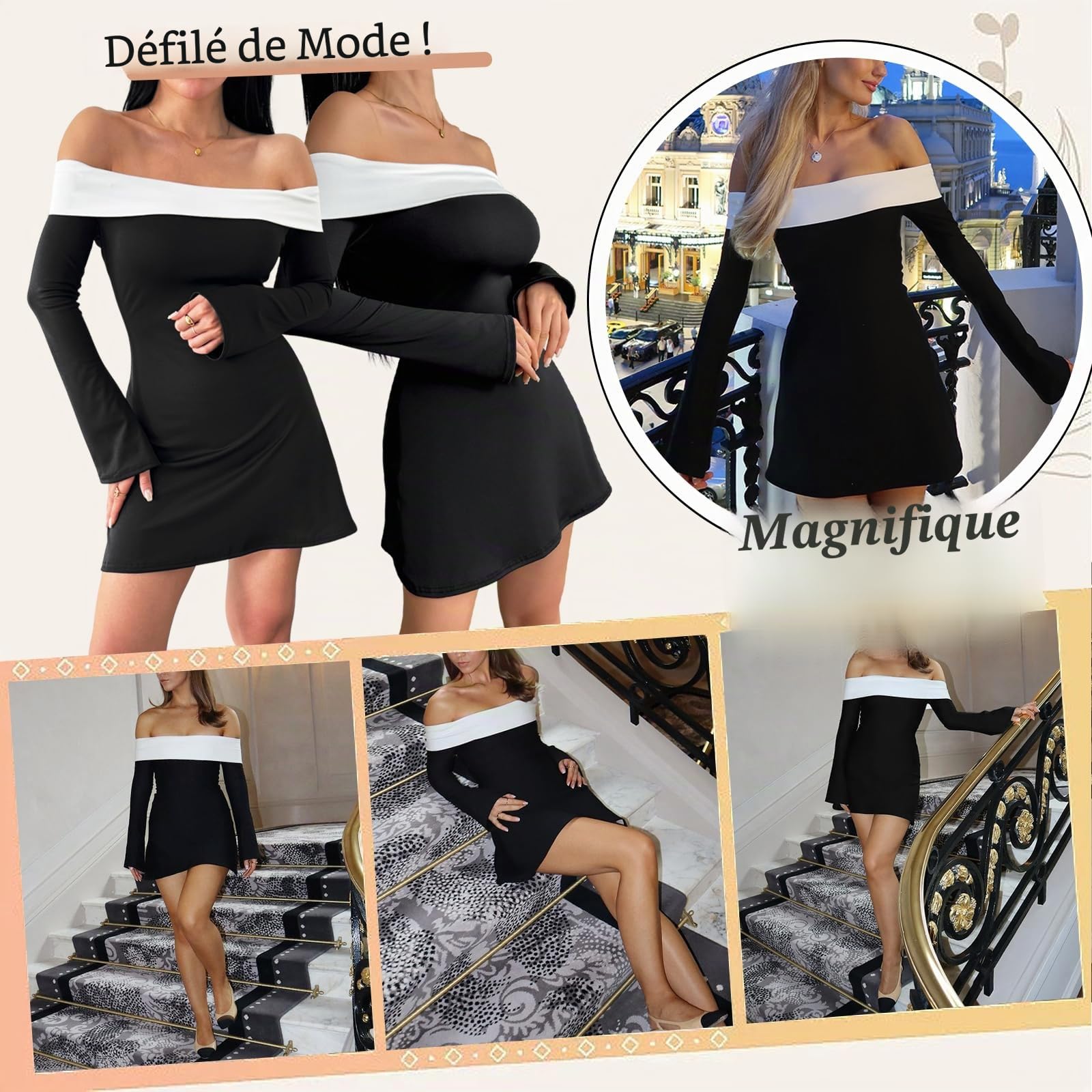 Robe Femme Sexy à Manches Longues Mini Robes Moulante Épaules Dénudées Élégante Robes Courte Plis A-Ligne Robe de Soirée Chic et Glamour Bloc de Couleur pour Cocktail Fête Clubbing Automne