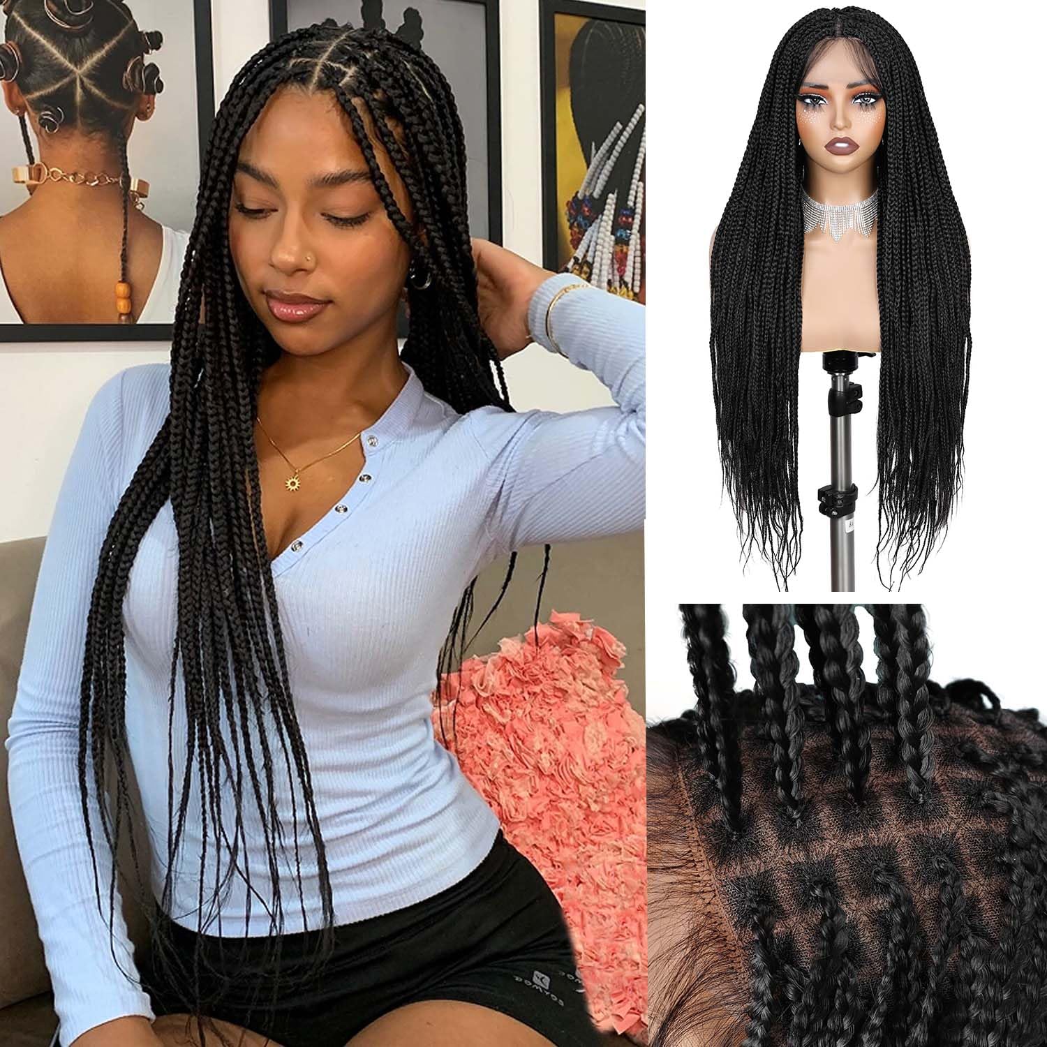 Lady Hanne Braided Full Lace Wigs for Black Women Knotless Box Braid Wig with Baby Hair 32 Inches Square Braided Lace Synthetic Black Hair