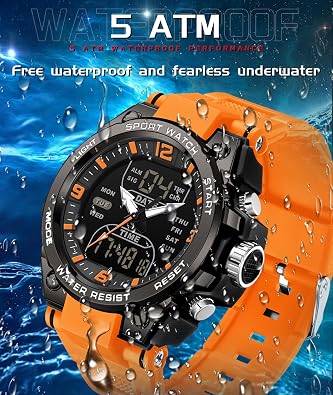 Mens Watch Digital Analog Watch Military Watches for Men with 3 Time Zones Tactical Sport 5ATM Waterproof Stopwatch Alarm LED Backlight Outdoor Adventure Wristwatch Silicone Strap Gift for Him