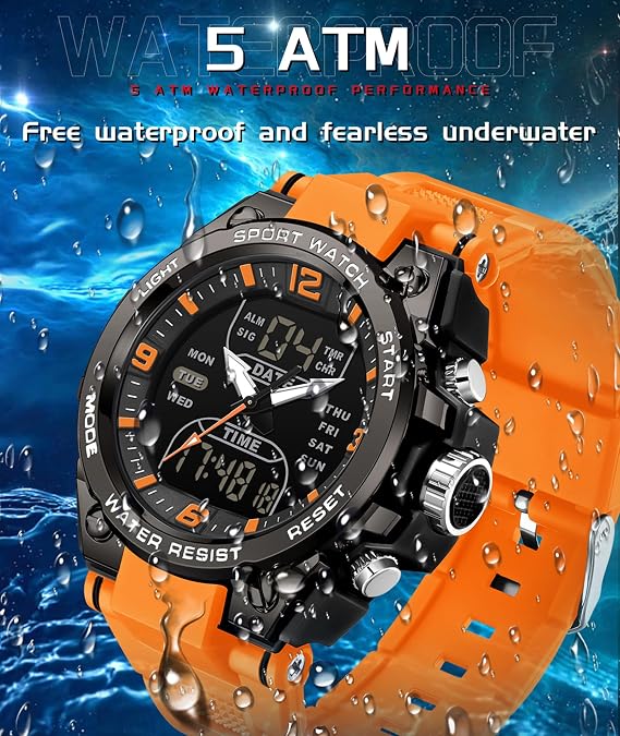 Mens Watch Digital Analog Watch Military Watches for Men with 3 Time Zones Tactical Sport 5ATM Waterproof Stopwatch Alarm LED Backlight Outdoor Adventure Wristwatch Silicone Strap Gift for Him