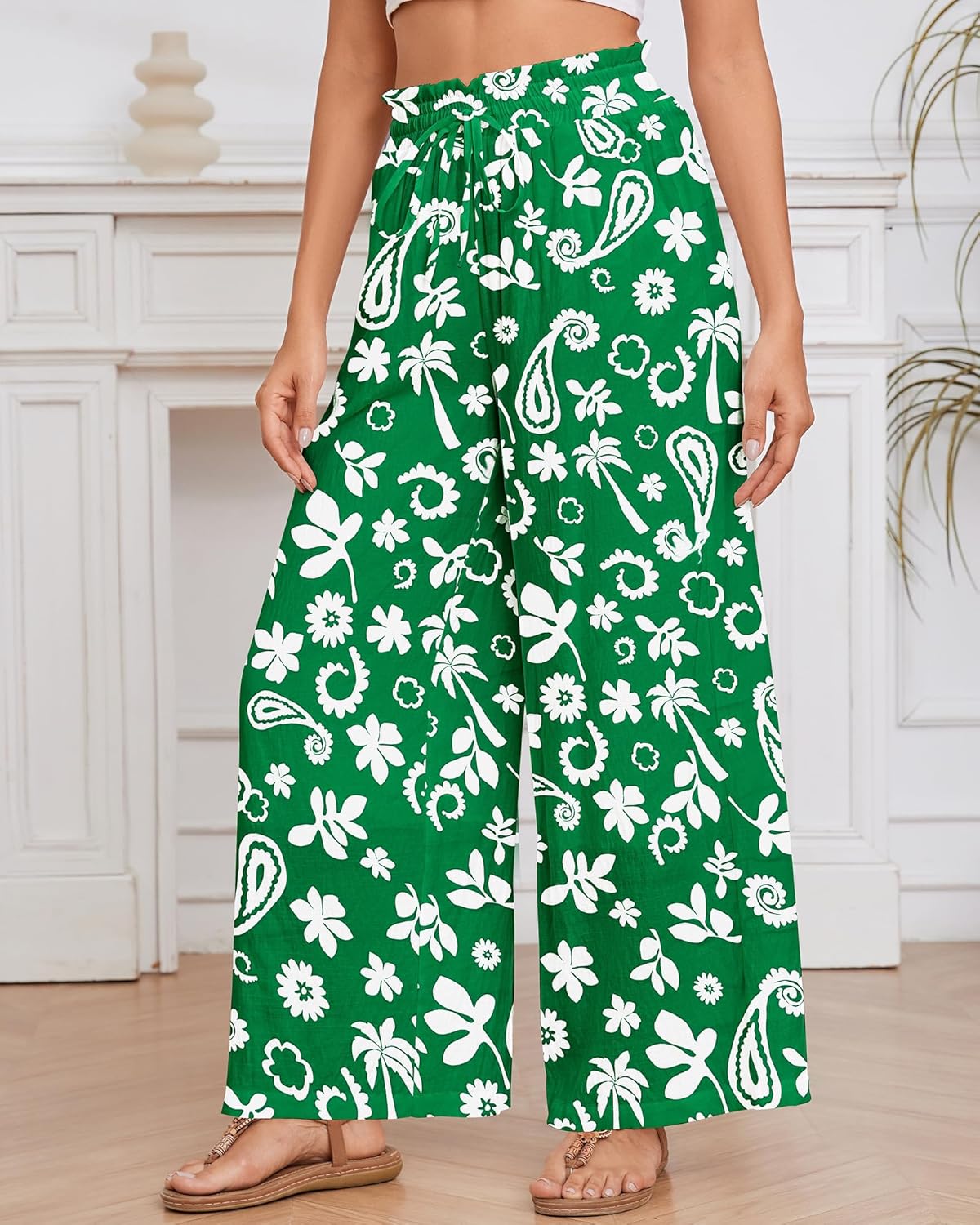 Bsubseach 2025 Wide Leg Pants Women Casual Palazzo Dressy Flowy Beach Summer Vacation Outfits Boho Pant with Pockets (Green Paisley, M) - Image 2