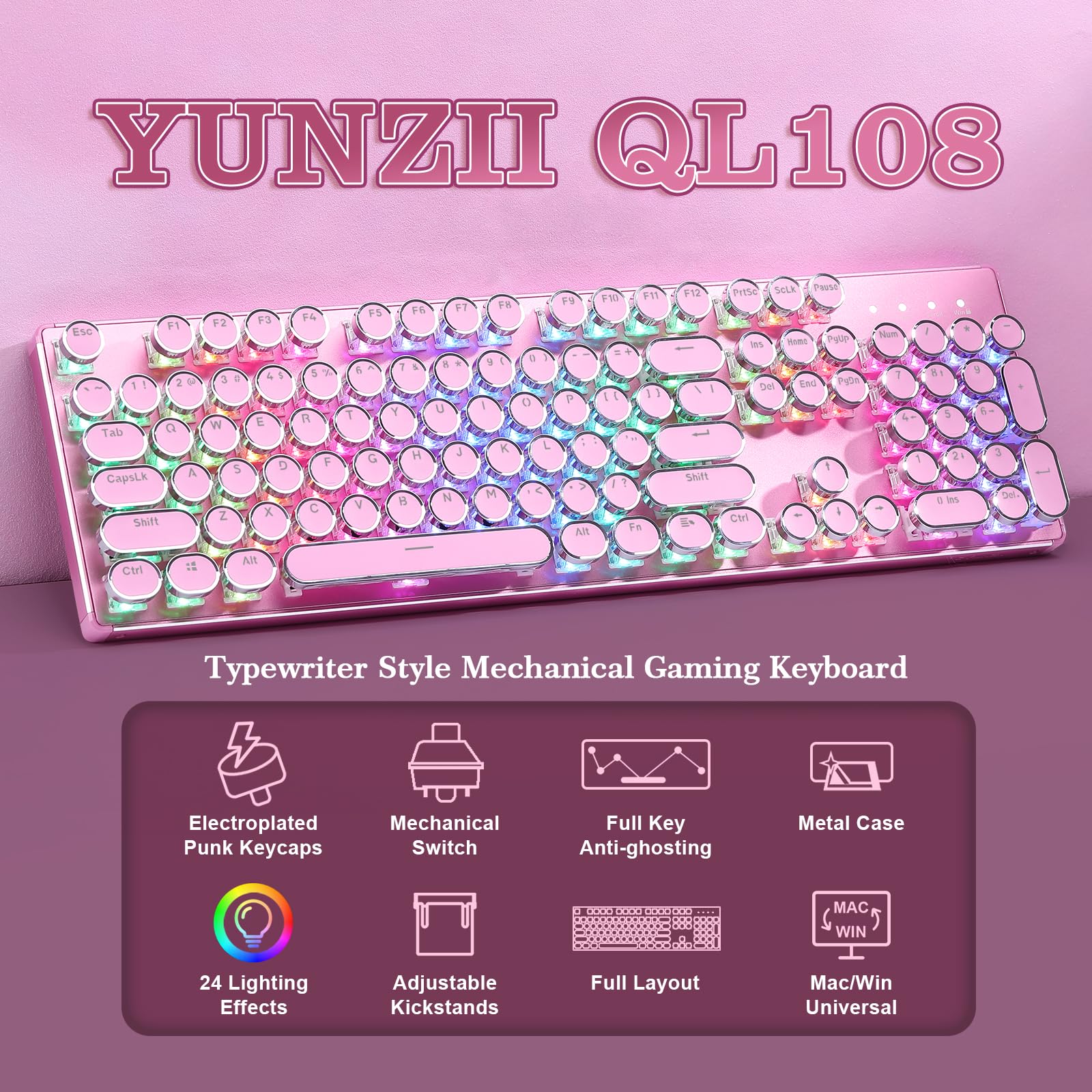 YUNZII QL108 Teclado Mecánico Retro con Cable para Gamer (Rosa, Onyx Gray) | 100 % Hot-Swap, Retroiluminación RGB, Panel Metálico de Estilo, US ANSI, Teclas Redondas para Windows/Mac