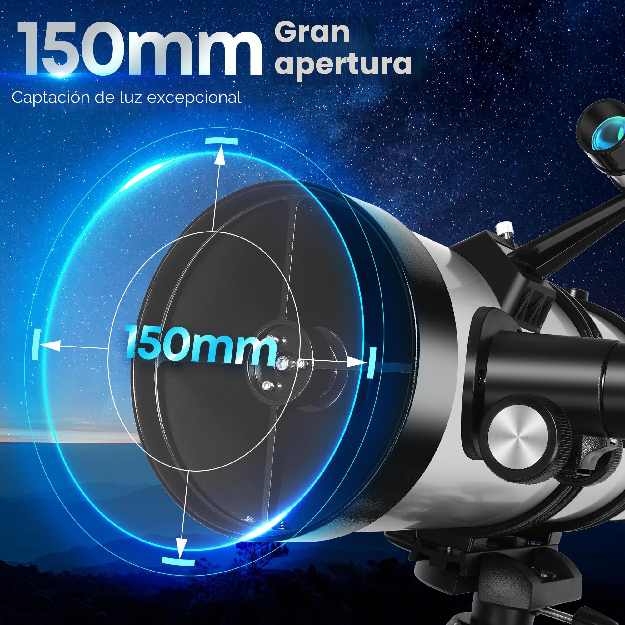 MEEZAA Telescopio Astronómico Adultos, 150EQ Newtoniano Reflector Telescopio Profesional Portátil Principiantes con Montura Ecuatorial, Trípode, Adaptador Teléfono, Filtro Lunar y Bolsa de Transporte