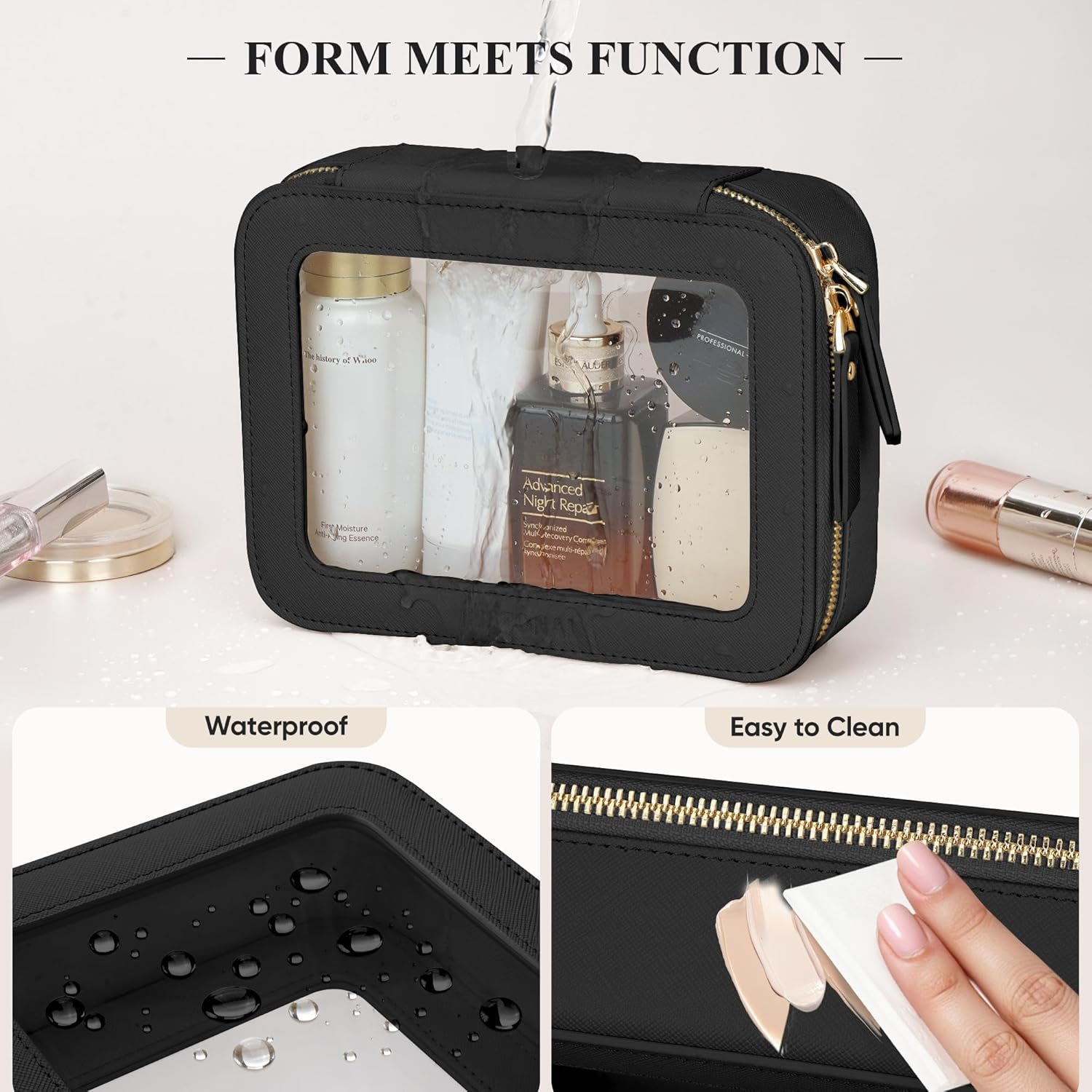 Clear Makeup Bag, Travel Toiletry Bag Cosmetic Case for Women, Waterproof Portable Make Up Skincare Pouch with Zipper, Compact Car Organizer Bag for Essentials, Mini & Medium, Black